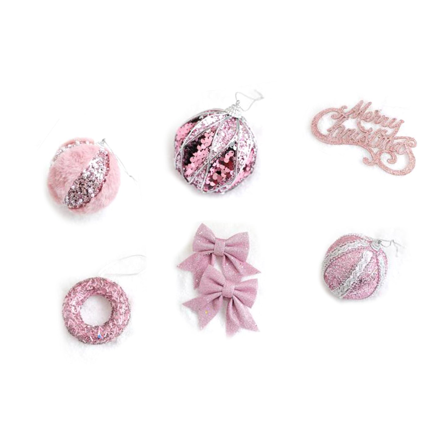 6-Piece Christmas Tree Decoration Set - Pink Plush Ornaments
