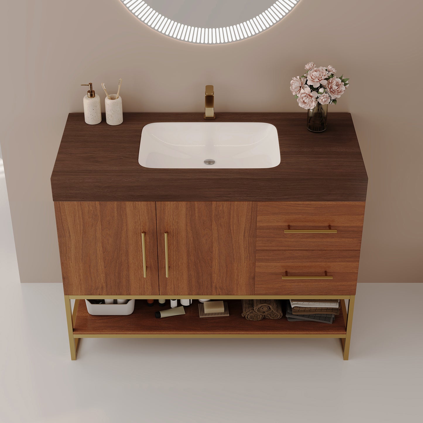 36" Modern Free-Standing Bathroom Vanity with Ceramic Sink & Stone Top - Gold, Walnut, White