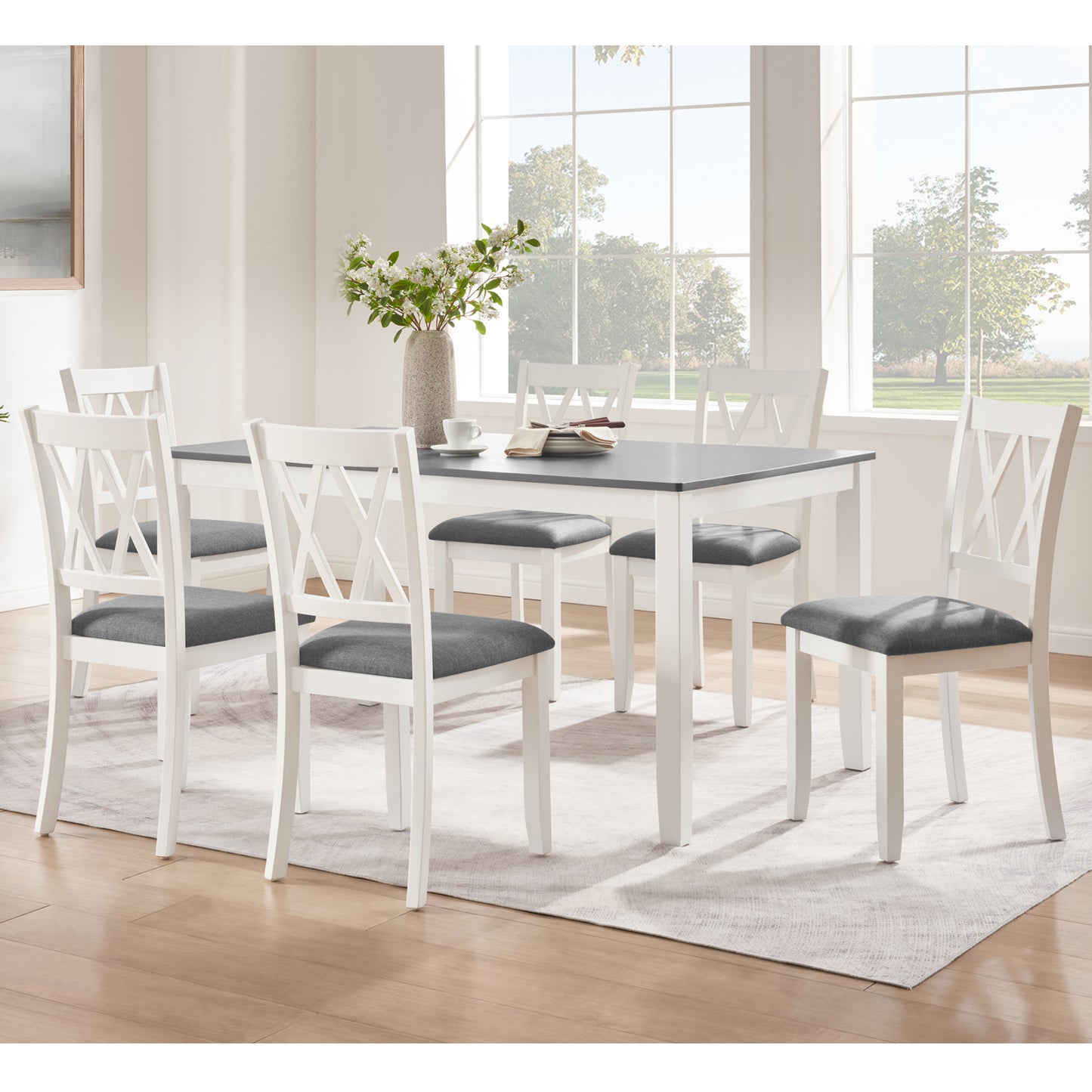 7-Piece Solid Wood Dining Set with 6 Upholstered Chairs - Grey & White