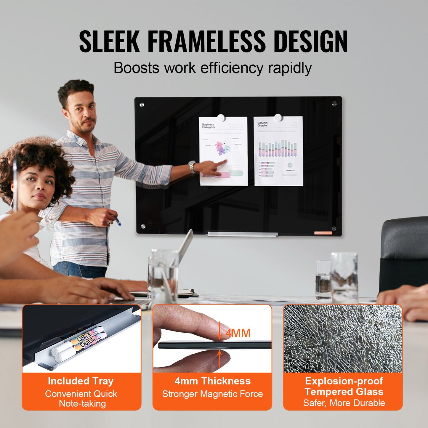 Magnetic Glass Dry Erase Board - 36"x24" Frameless with Marker Tray