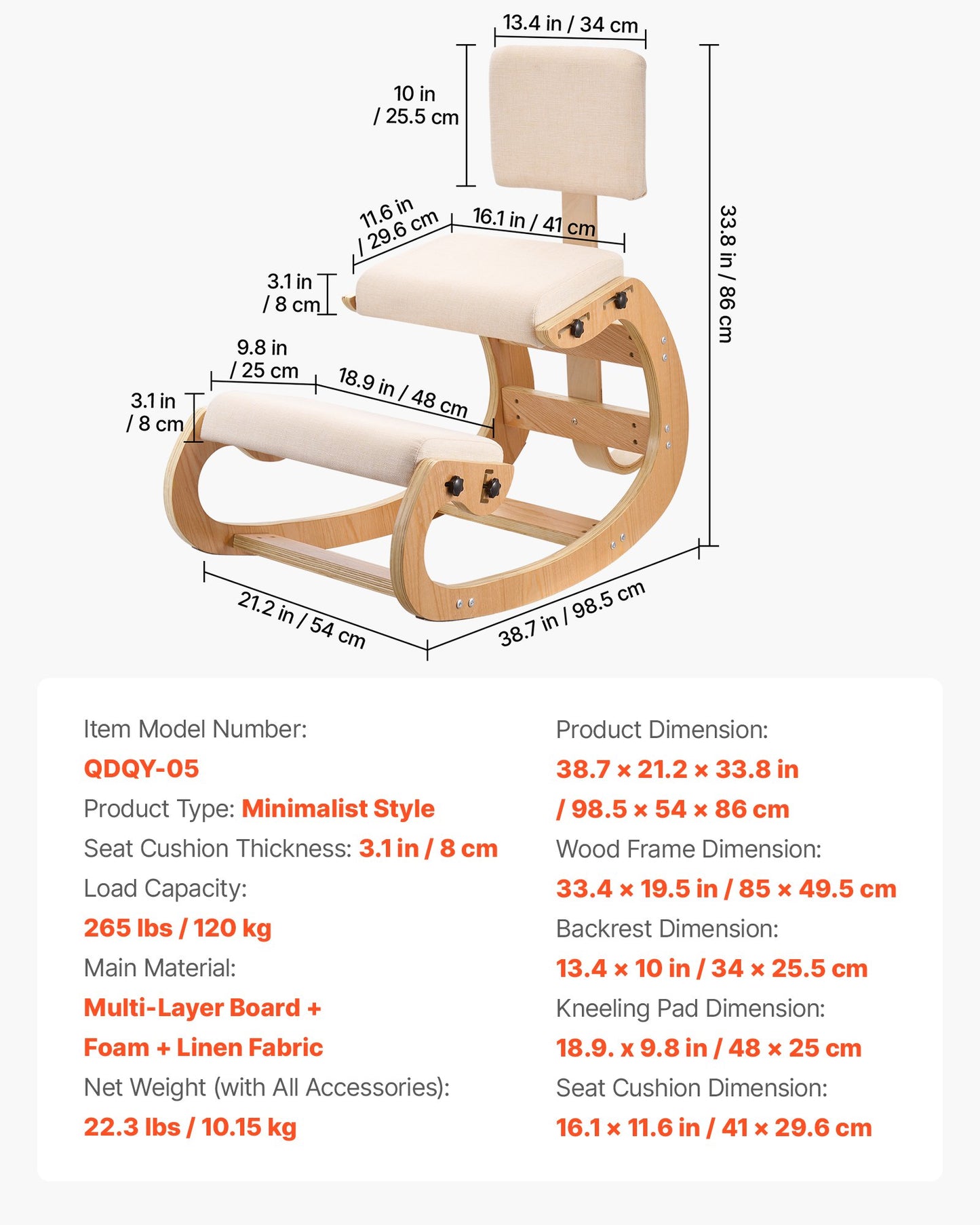 Ergonomic Kneeling Chair with Wooden Frame and Adjustable Cushions for Back Relief