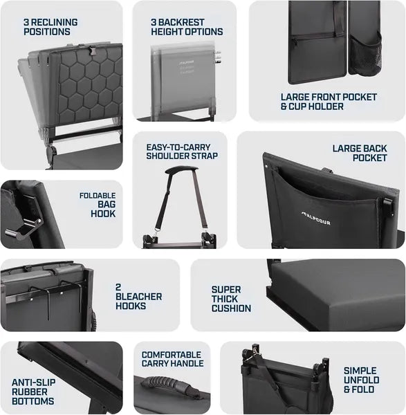 Heated Massage Reclining Stadium Seat with Back Support - Black