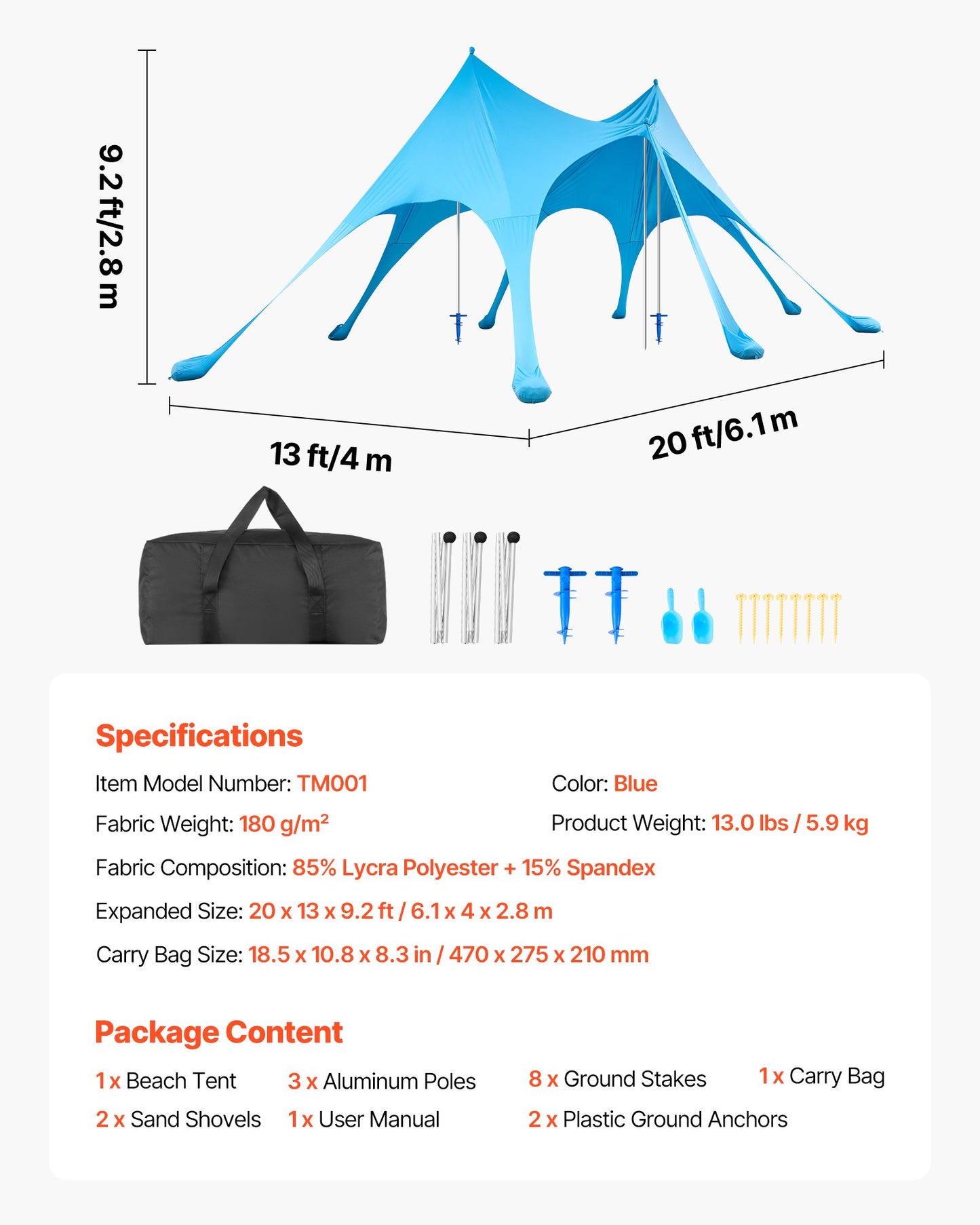 Large Beach Tent Sun Shelter with UPF 50+ Protection, 20x13 ft, Pop-Up Canopy with Sandbags & Poles, Portable Shade for Family Outdoor Activities