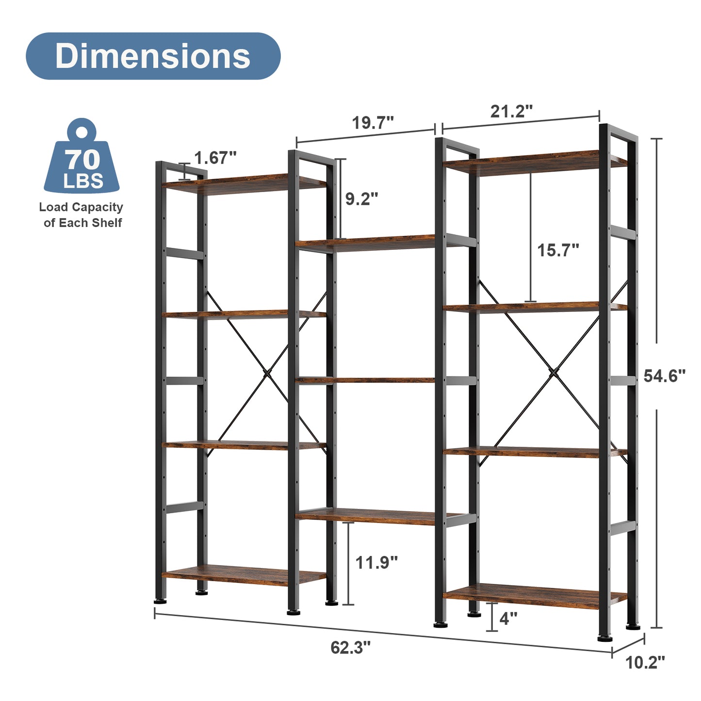 Adjustable Wide Bookshelf with Industrial Design - Multiple Colors