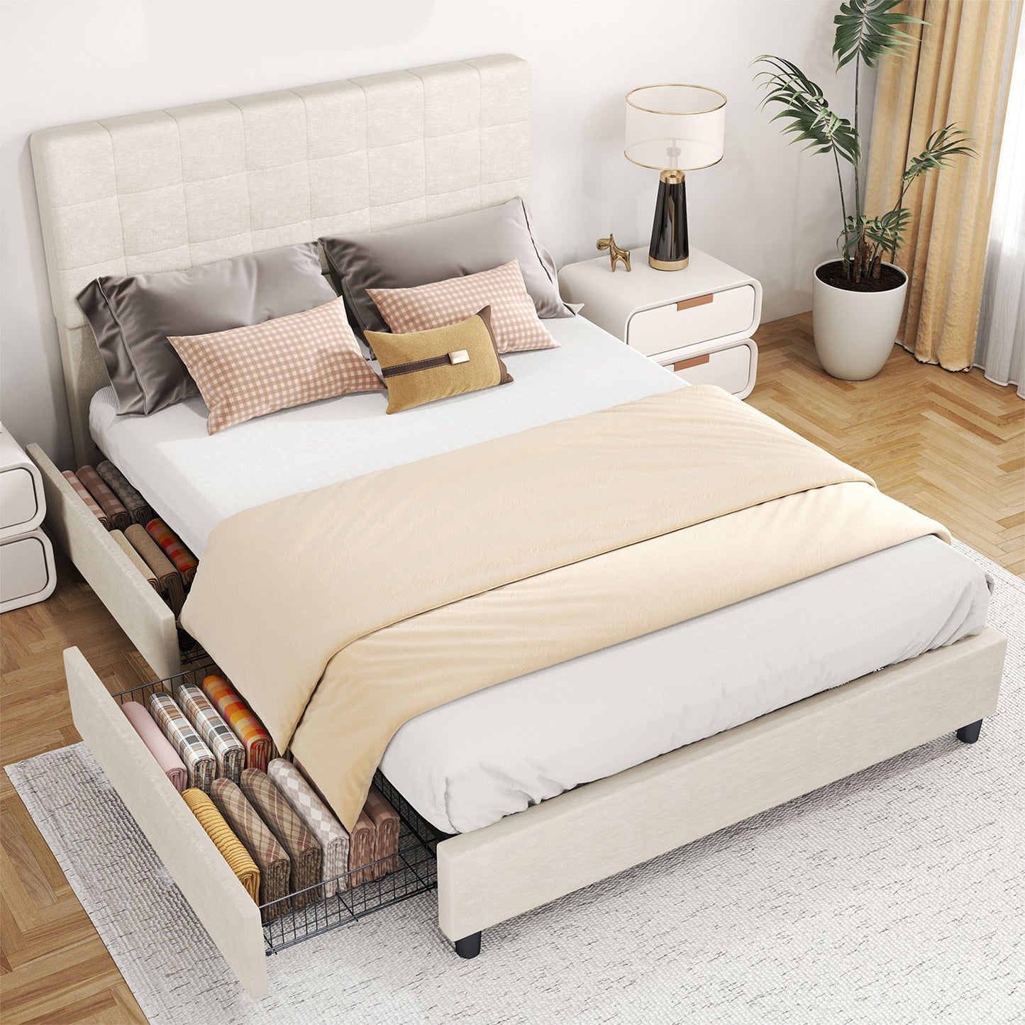 Bed Frame Upholstered Vertical Channel Headboard With 4 Storage