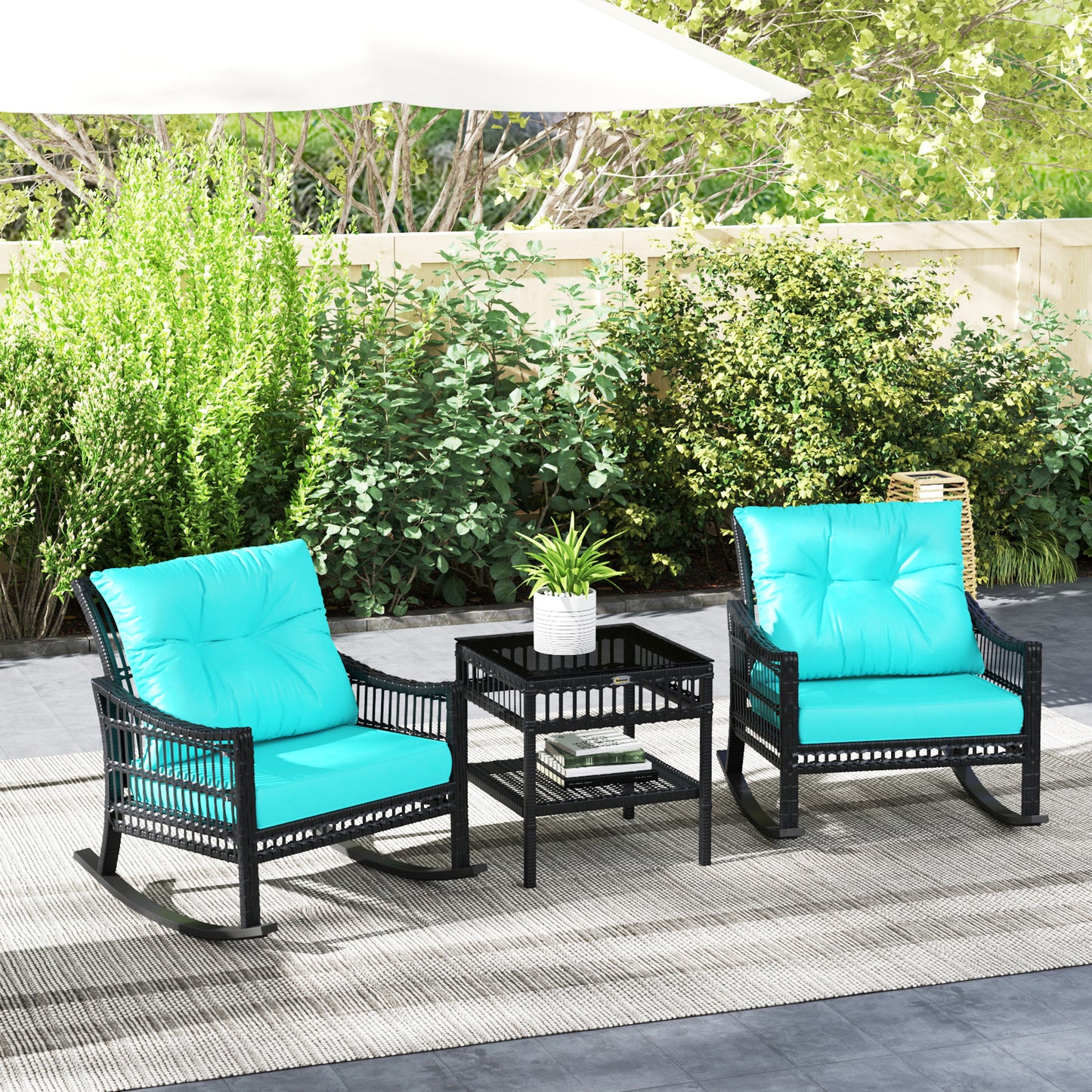 3-Piece Outdoor Rattan Rocking Chair Set with Glass Table - Turquoise