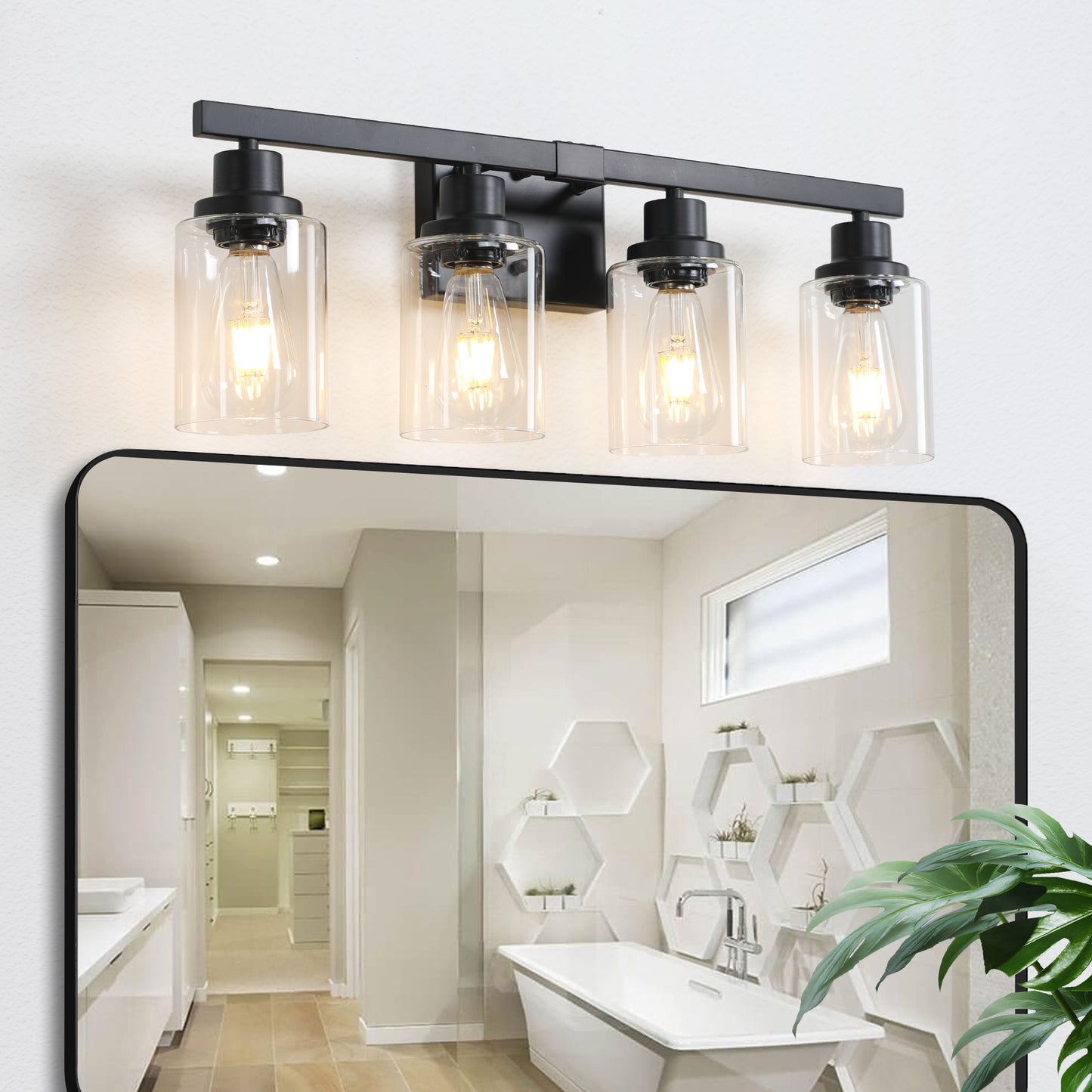 4-Light Black Bathroom Vanity Light Fixture with Glass Shades