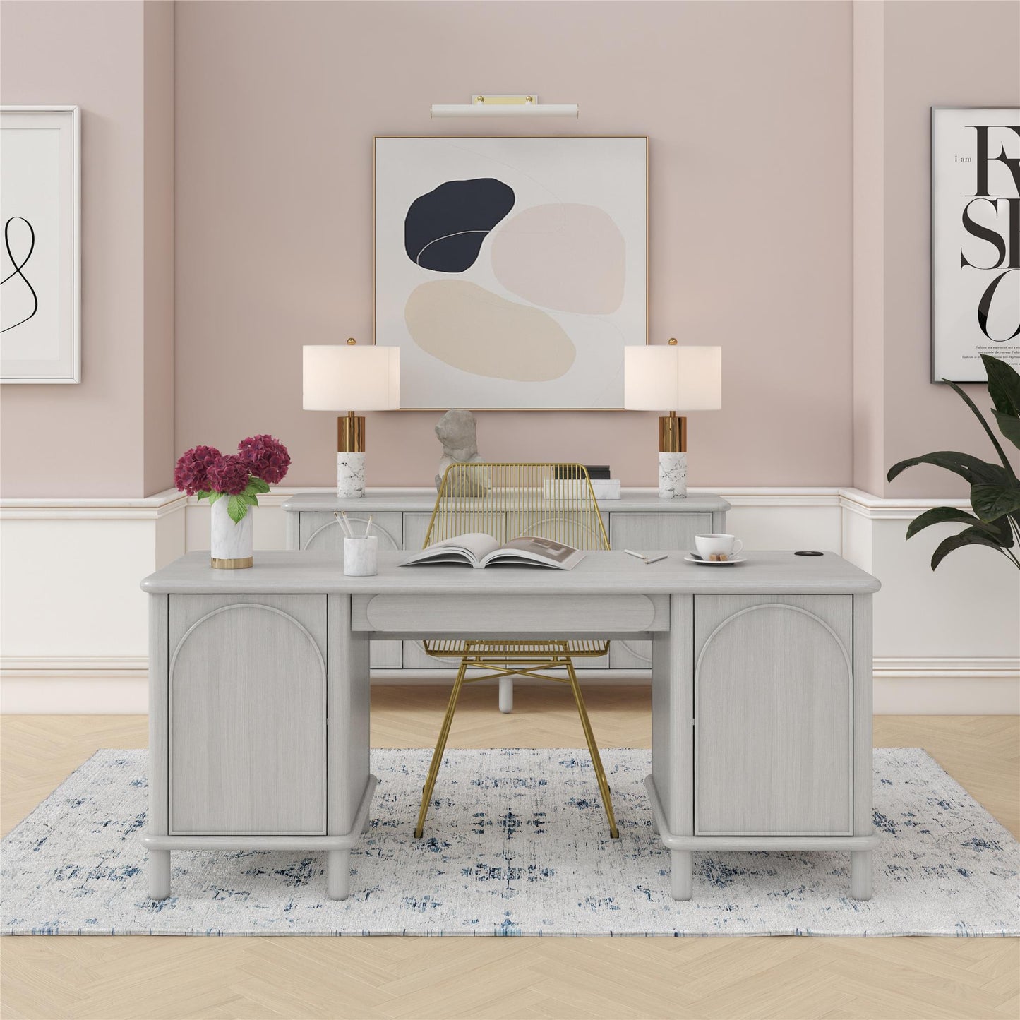Selena Double Pedestal Desk - Rustic White Solid Wood