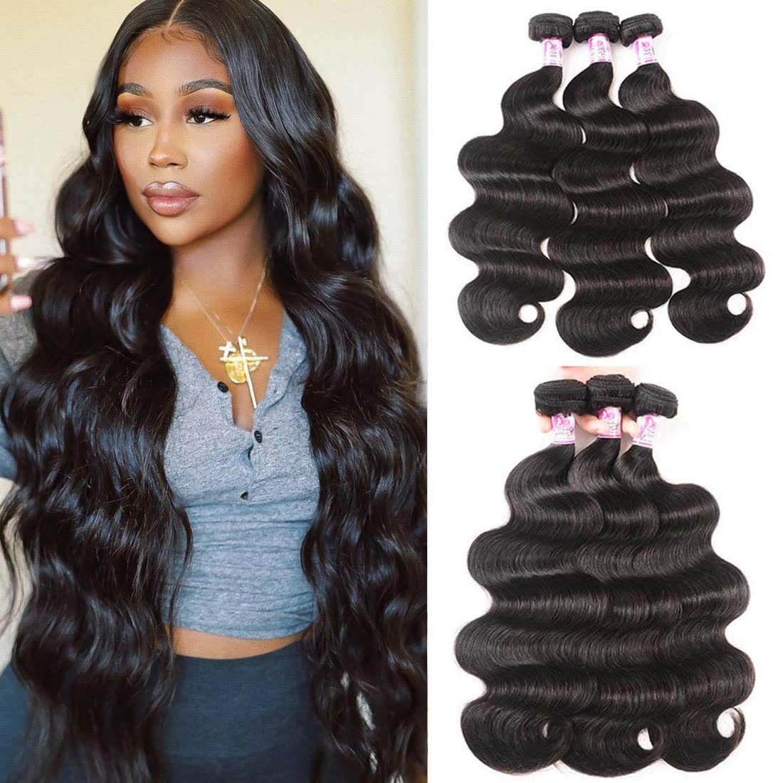 Body Wave Human Hair Bundle Extensions - Natural Black Virgin Hair