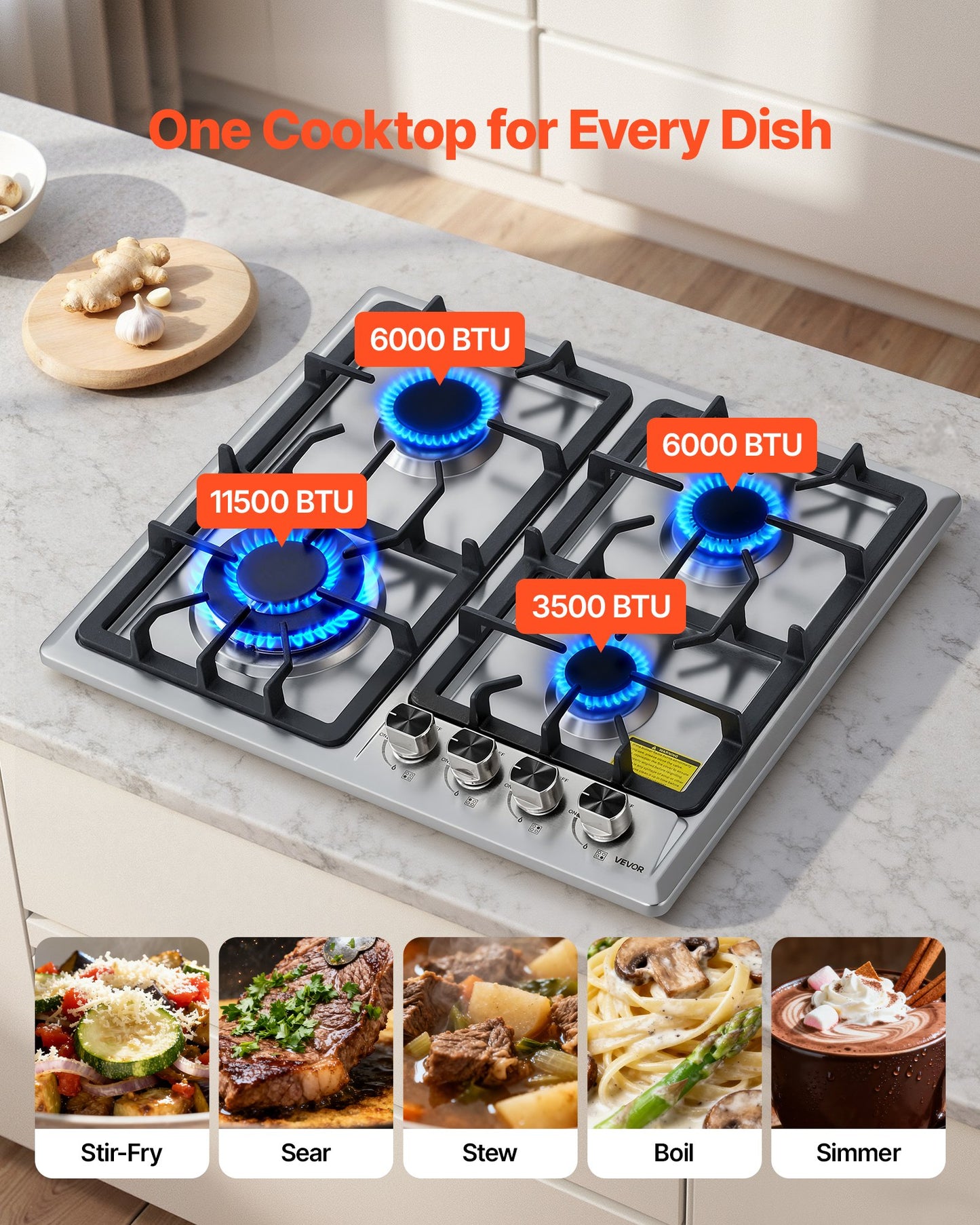 24 Inch Gas Cooktop 4 Burners Stainless Steel with Dual Fuel Conversion