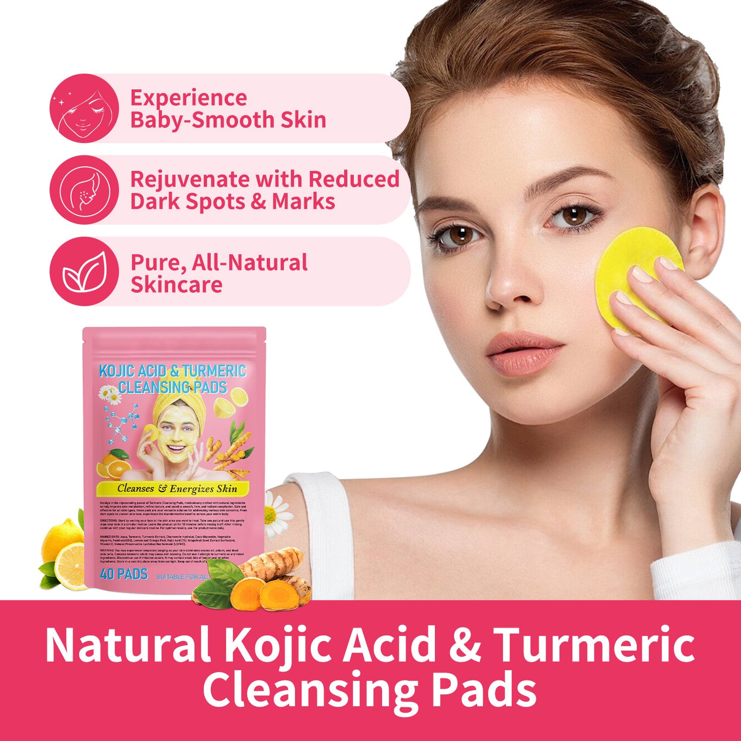 Gentle Skin Care Exfoliating Cleansing Pads - Turmeric & Kojic Acid, 40pcs