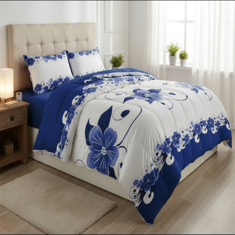 Blue & White Floral Duvet Cover Set - Heavyweight Microfiber