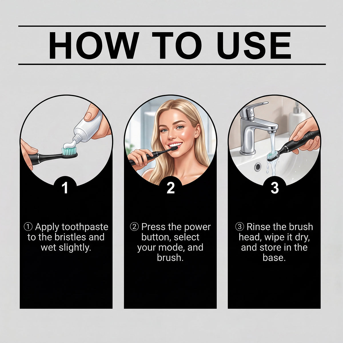 Electric Toothbrush with 2 Replacement Brush Heads - Black CH-926