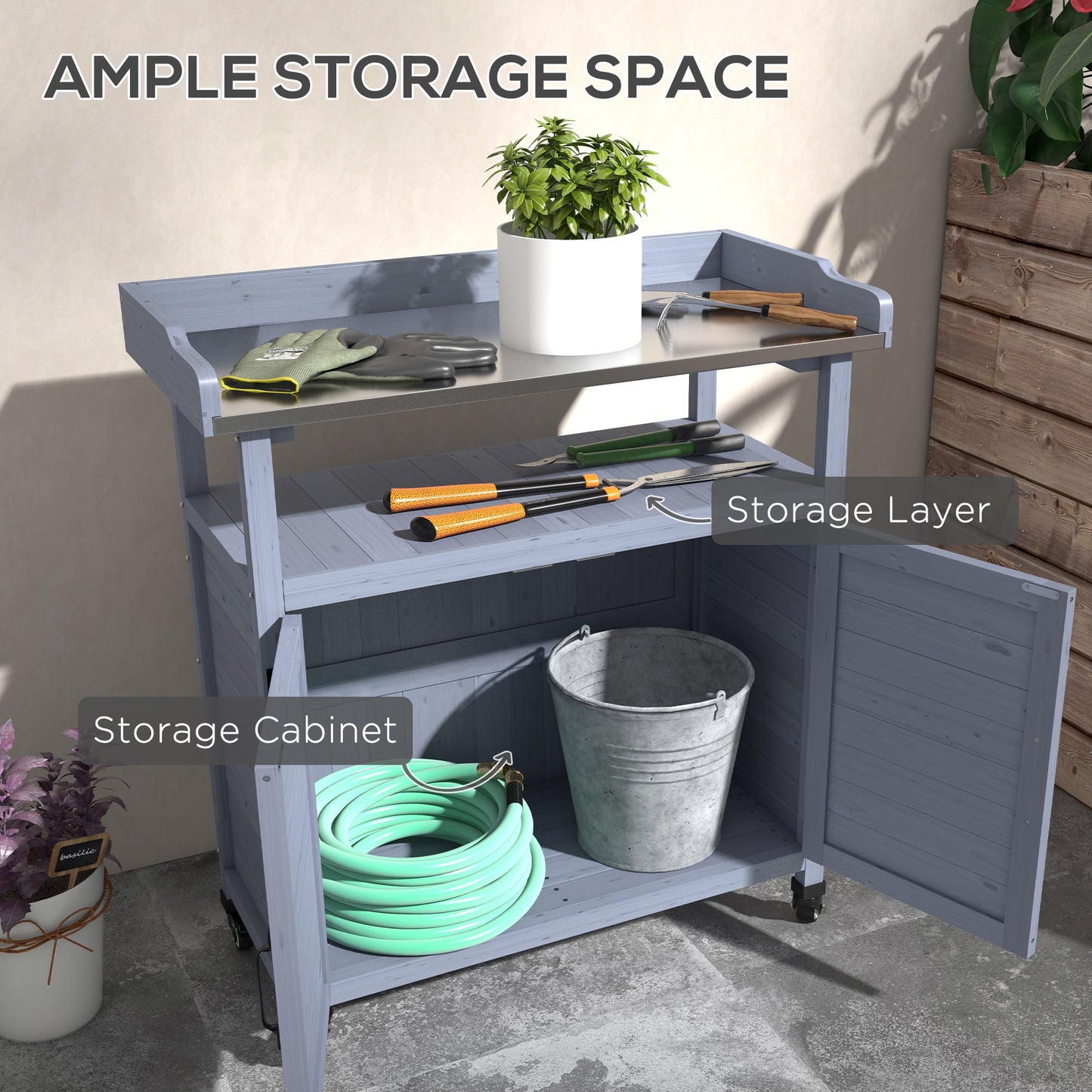 Outdoor Wooden Potting Bench with Storage Cabinet and Movable Wheels, Gray