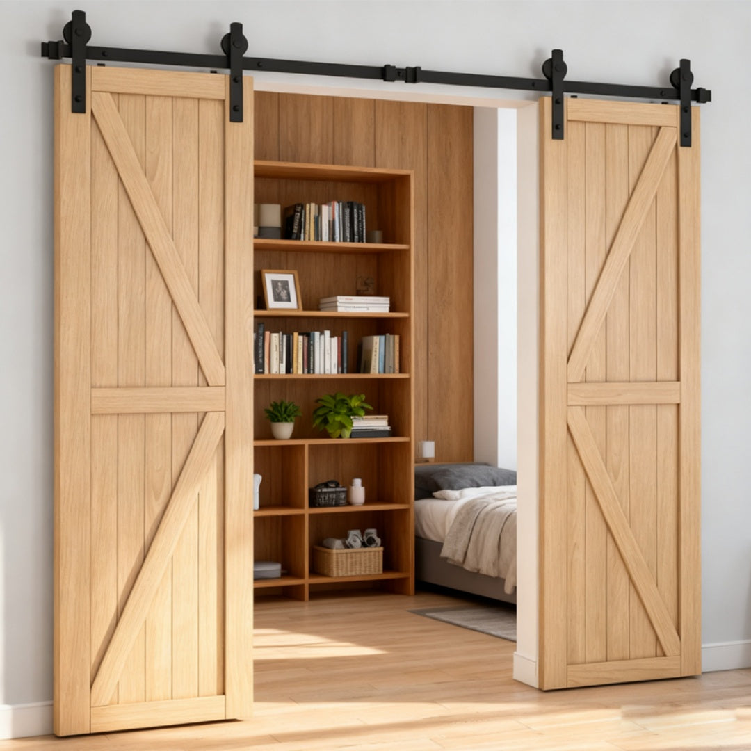 8 FT Double Sliding Barn Door Track Kit - Black Hardware