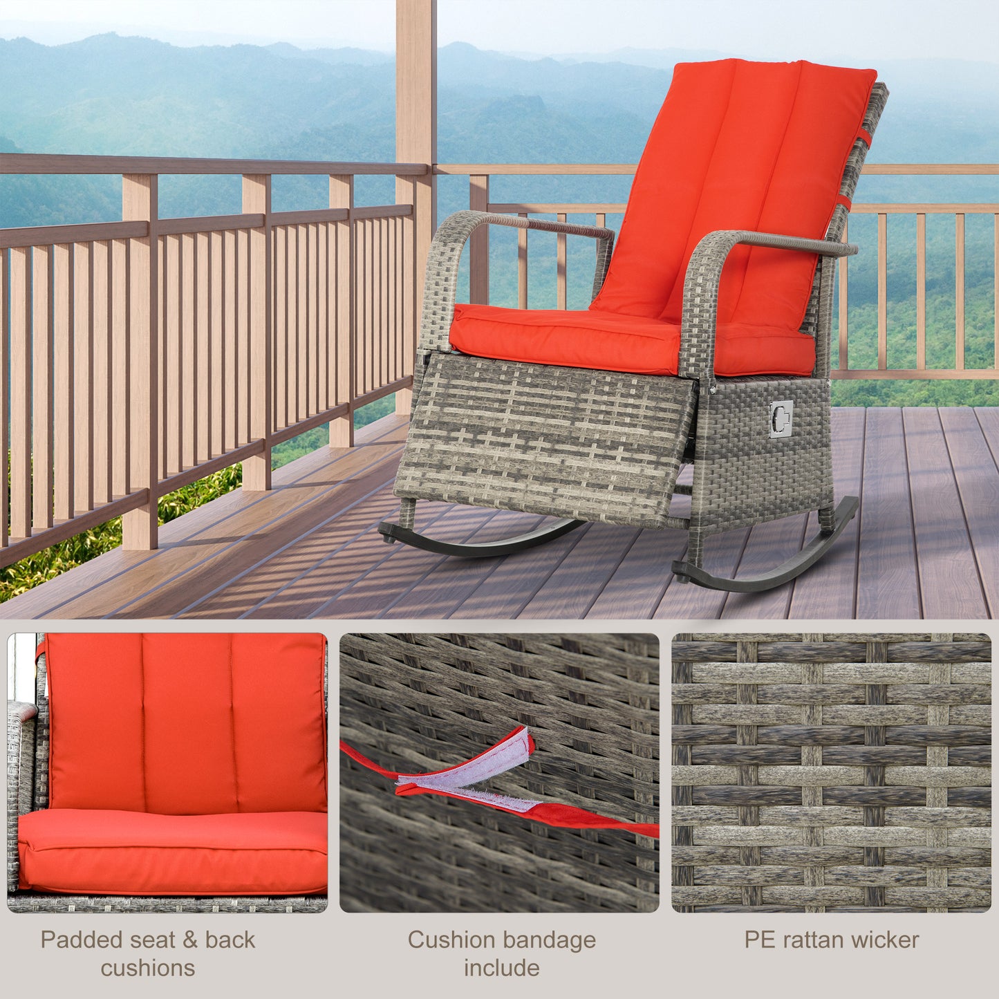 PE Rattan Outdoor Rocking Recliner with Footrest - Red