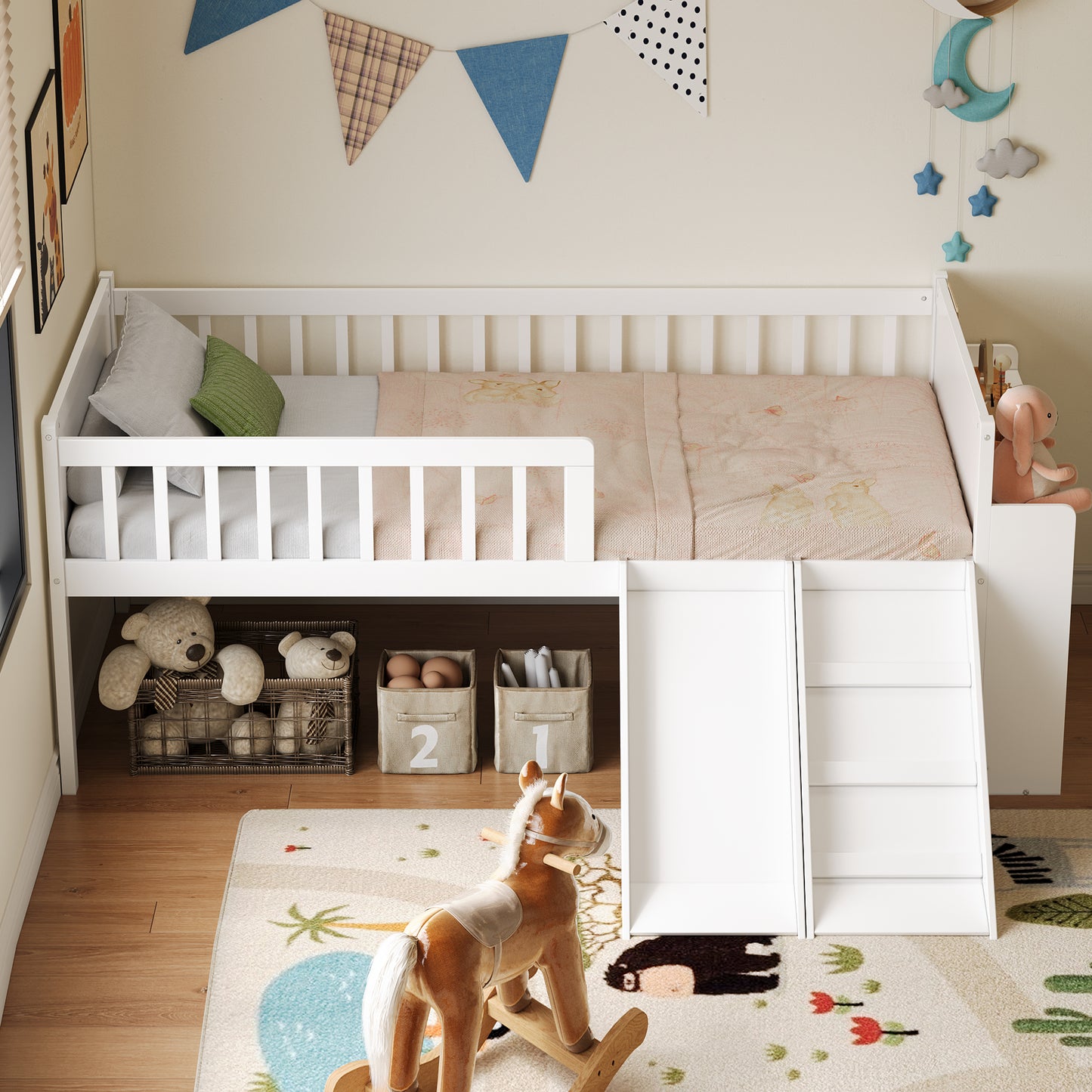 Twin Bed Frame With Storage Shelf, Wooden Slide And Ladder,Platform