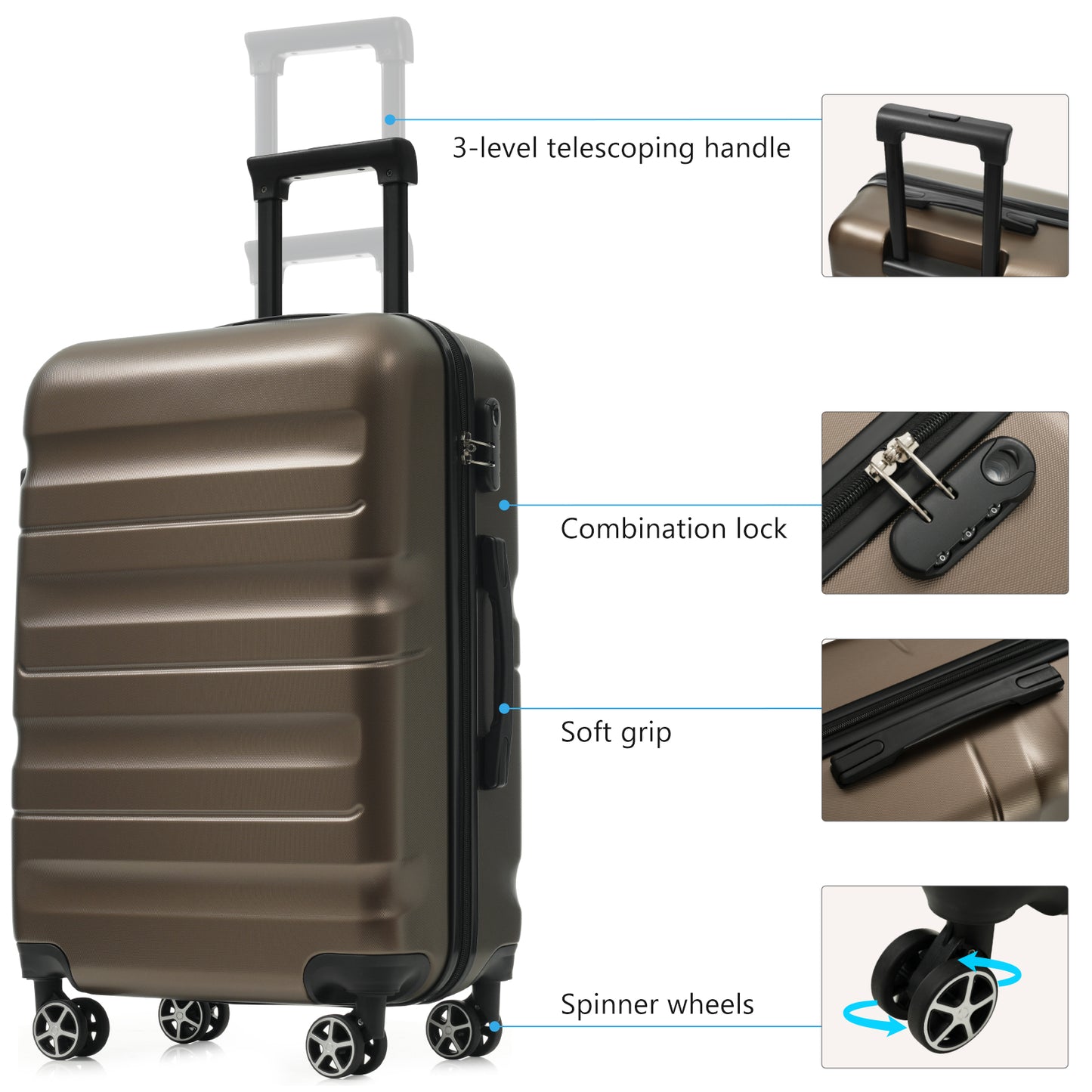 24-Inch Hardshell ABS Luggage Set with Spinner Wheels & 2 Packing Cubes - Brown