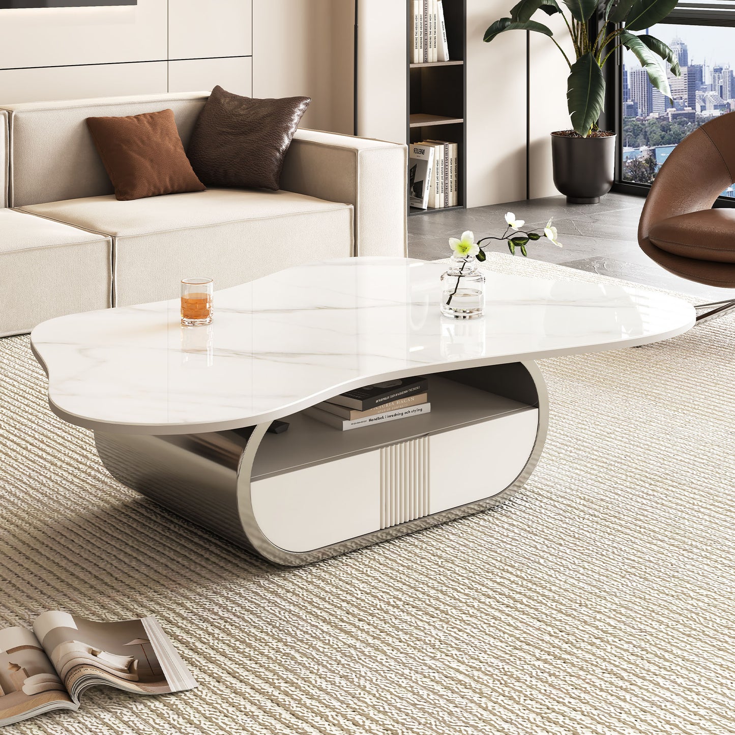 Modern Coffee Table with Sintered Stone Top & Storage Shelf - Grey White