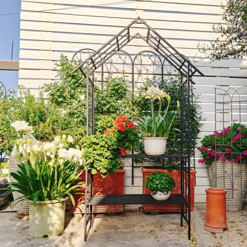 Metal Garden Arch with Convertible Bench and Flower Rack Support - Outdoor Black