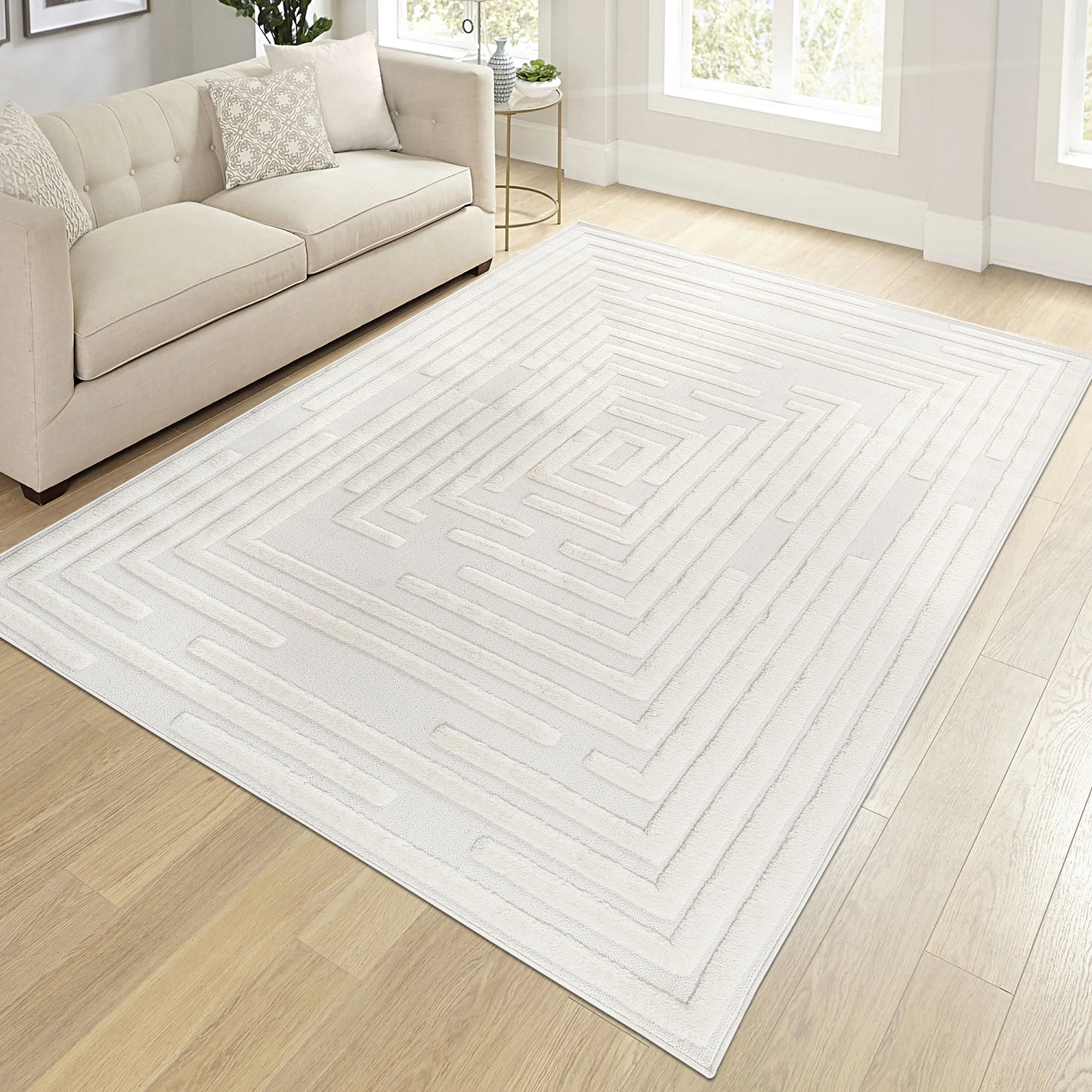 Step Collection High-Low Striped Cream Indoor Area Rug, 6'7''x9',