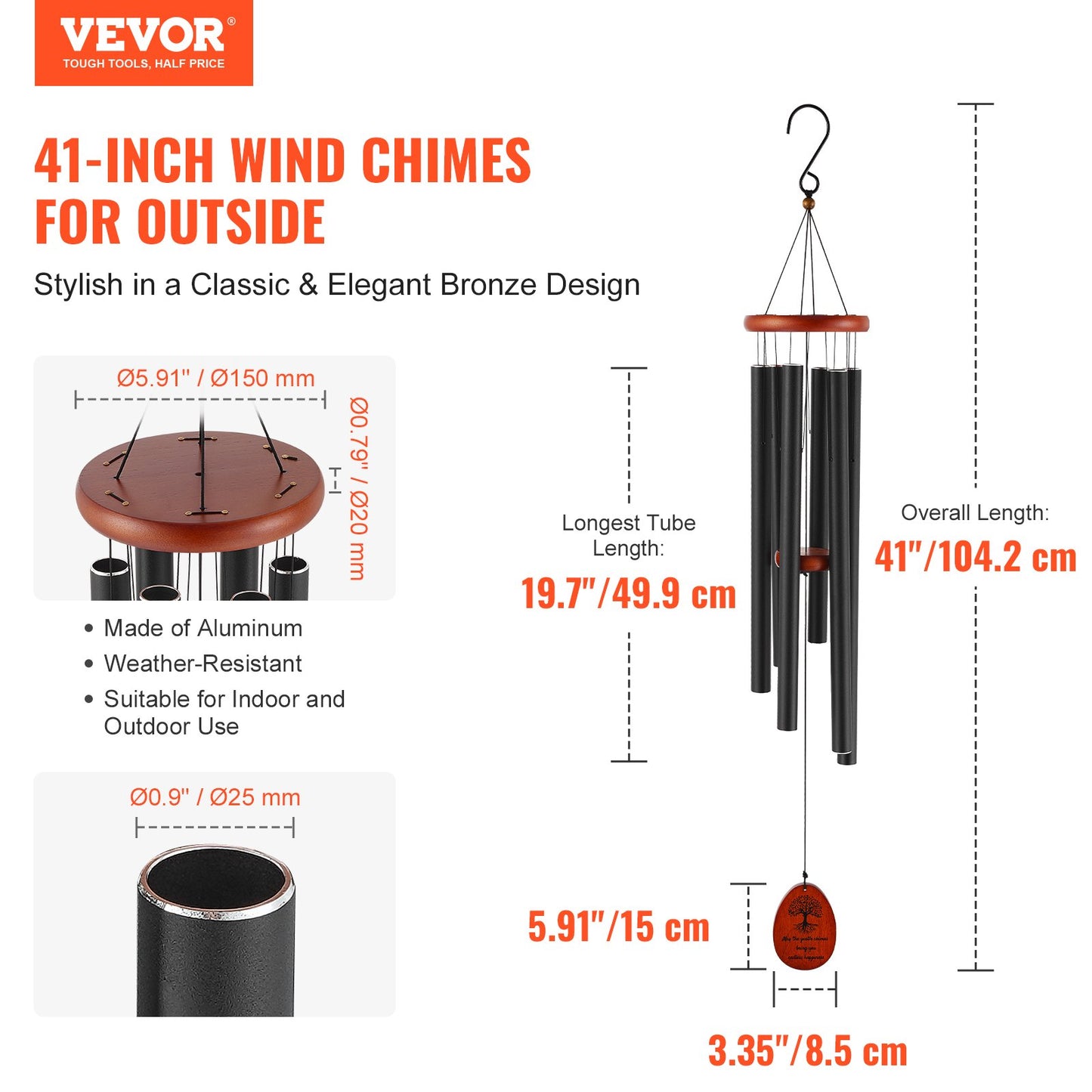 Outdoor Wind Chimes 41-Inch Deep Tone Aluminum Garden Decor - Black
