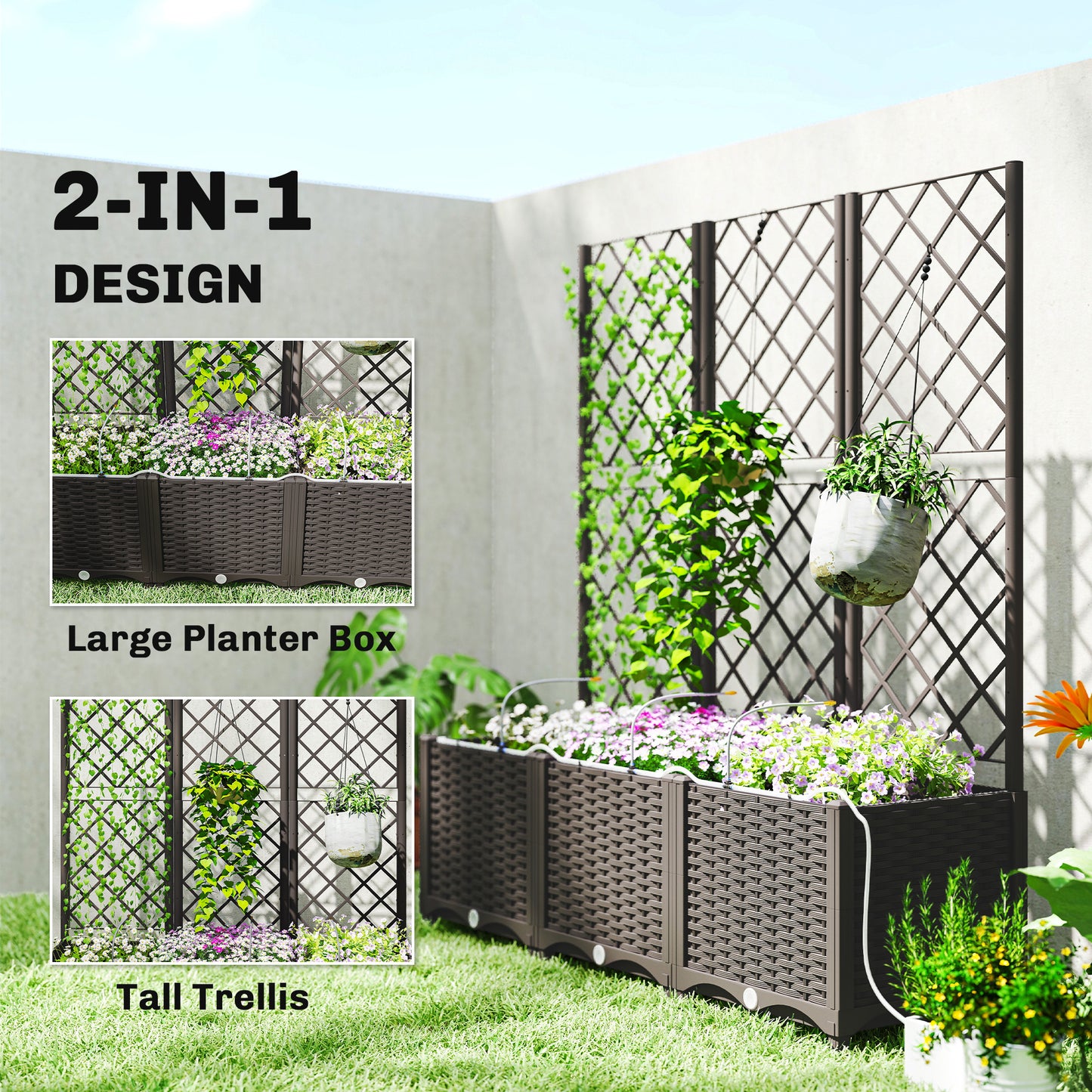 Self-Watering Raised Garden Bed with Trellis - Brown 510x610x280mm