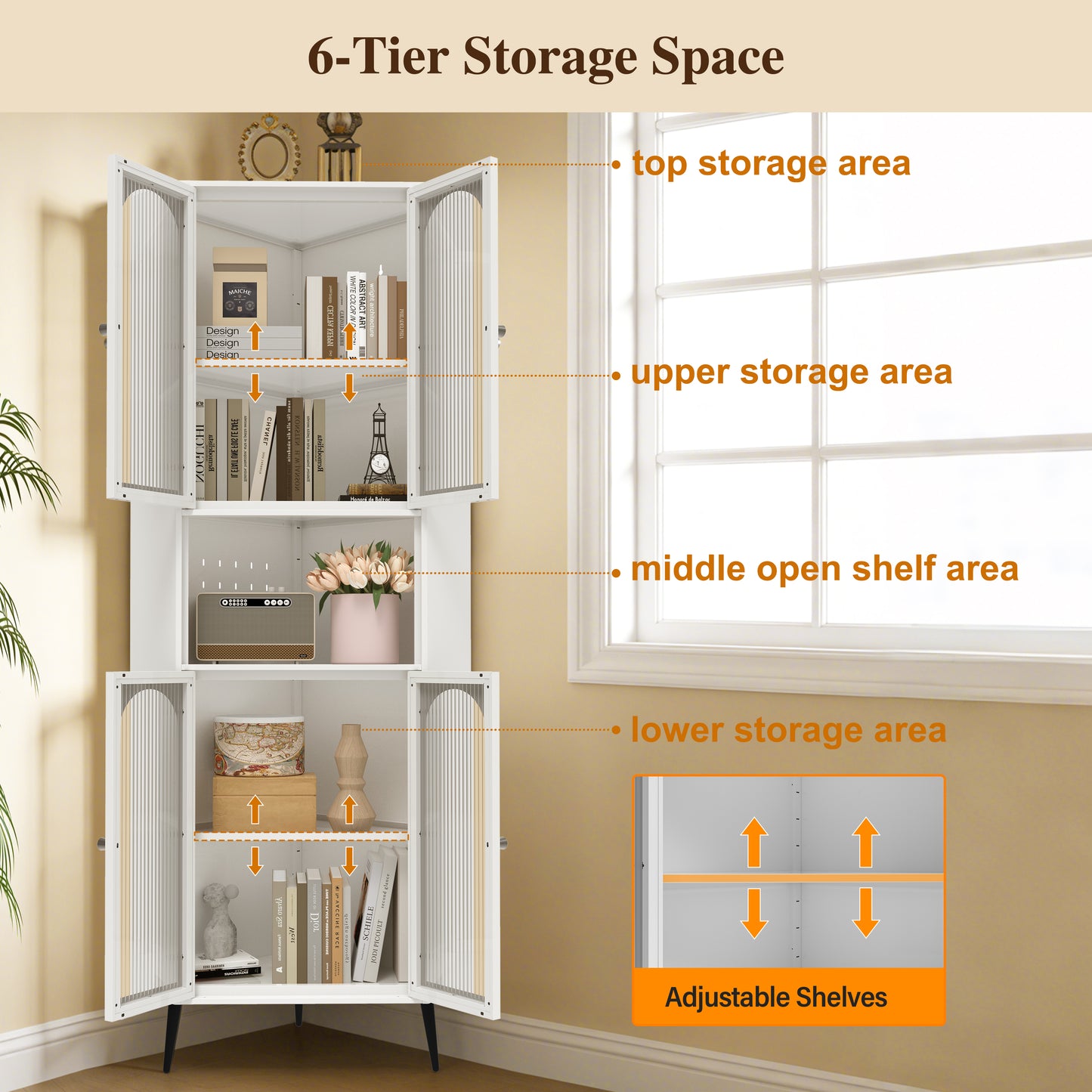 73'' White Metal Corner Storage Cabinet with Adjustable Shelves