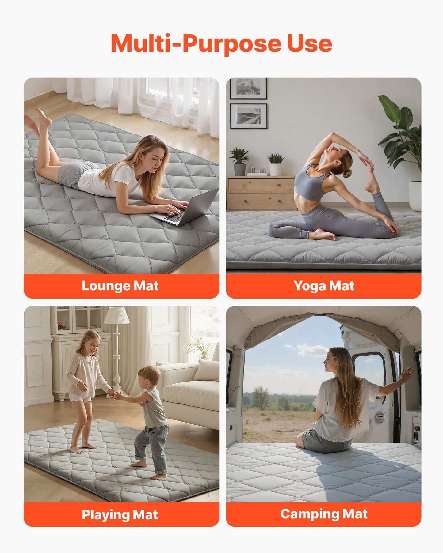 Foldable Japanese Tatami Mattress with Storage Bag - 80x54 Inch Gray Floor Mat for Sleeping & Yoga