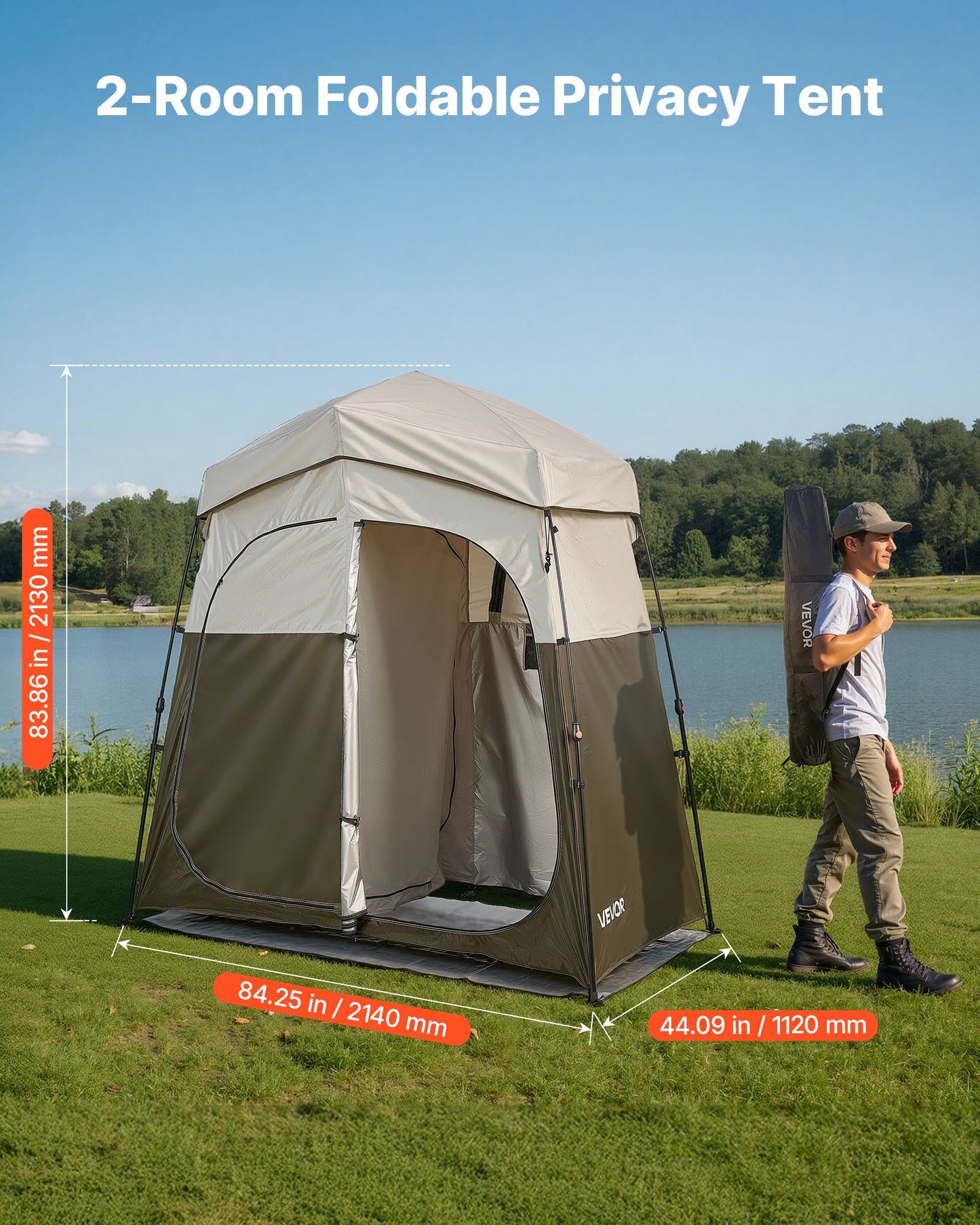 Portable 2-Room Camping Shower Tent with Ground Stakes & Carry Bag