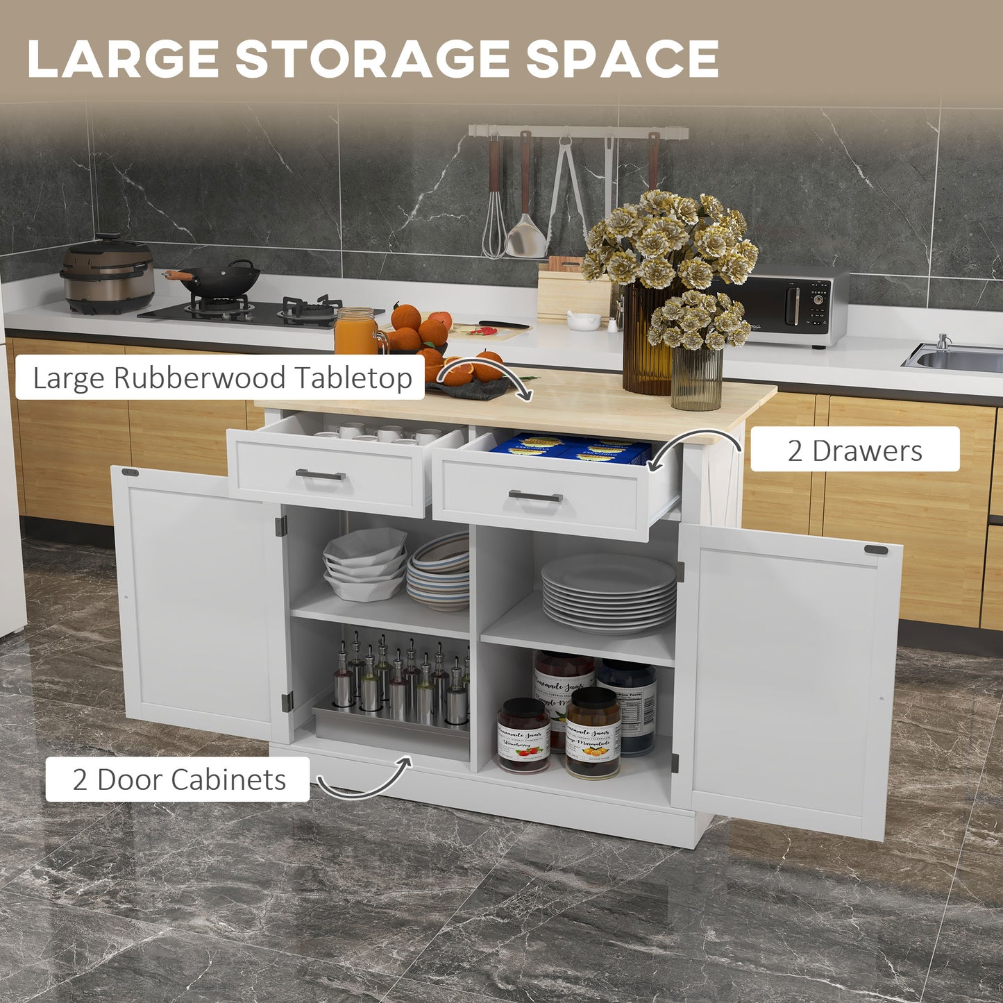 Rolling Kitchen Island with Drop Leaf - White Farmhouse Cart