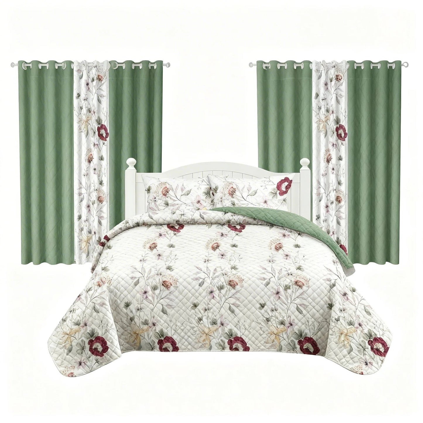 9-Piece Quilt and Curtain Set - Sage Green Floral Design
