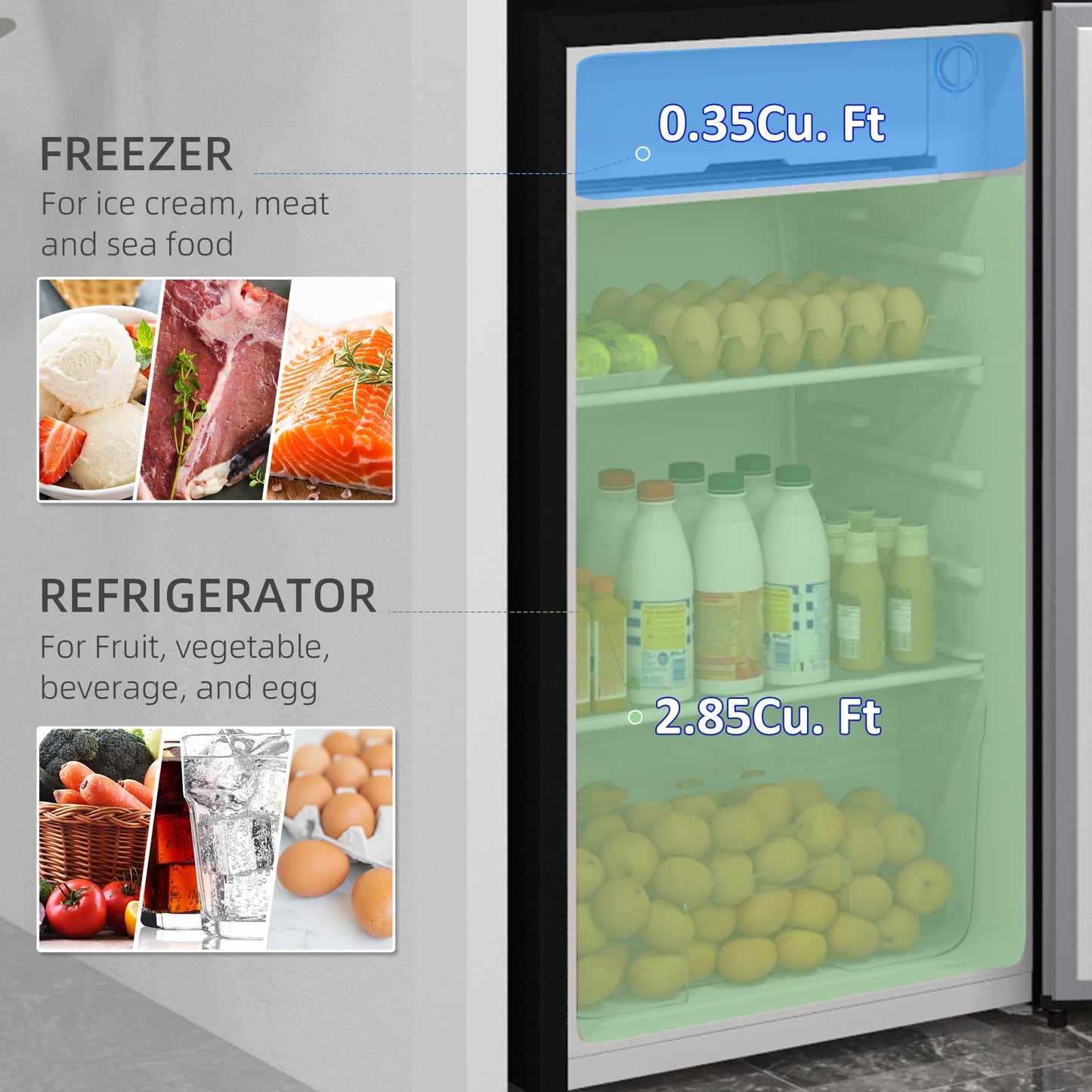 Mini Fridge with Freezer - Compact 3.2 Cu Ft Cooler, Adjustable Thermostat, Reversible Door, Silver