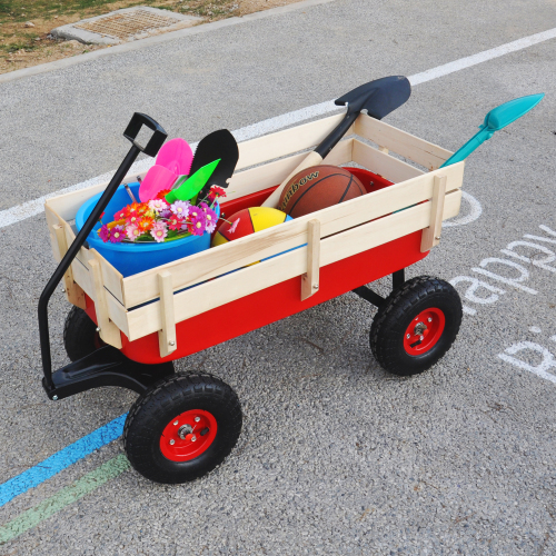 All Terrain Garden Wagon with Wood Railing and Air Tires for Outdoor Use