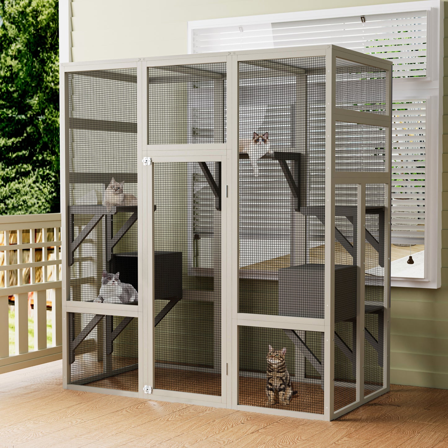 Large Outdoor Wooden Cat House with Platforms Waterproof & UV-Resistant