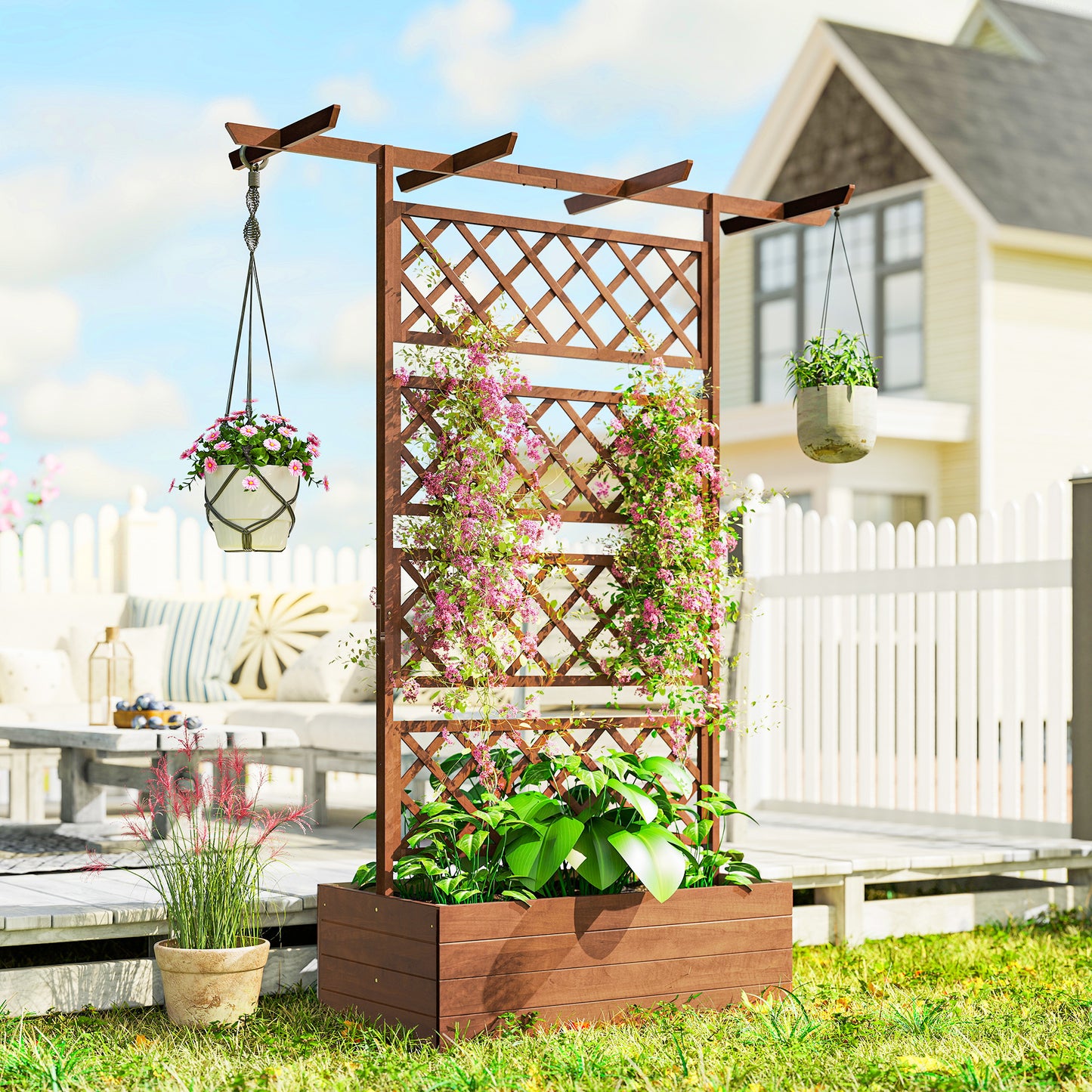 Wooden Trellis Planter Box for Vegetables Herbs Flowers - Raised Garden Bed, Orange