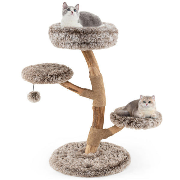 Natural Pear Wood Cat Tree with Scratching Posts & Plush Balls - Multi-Level Cat Furniture