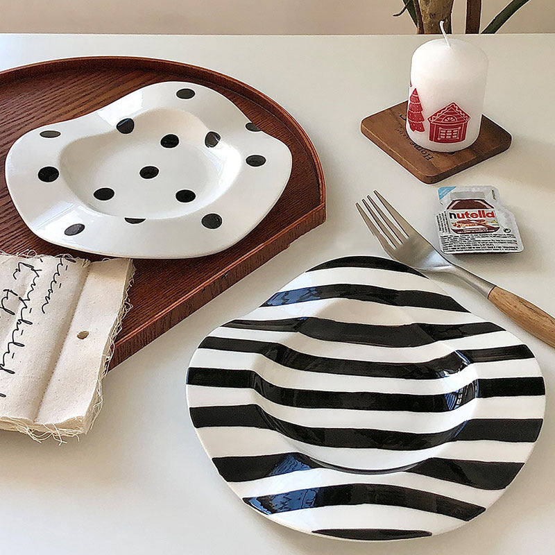 8-Inch Porcelain Breakfast Plate with Dot and Stripe Designs - Irregular Underglaze