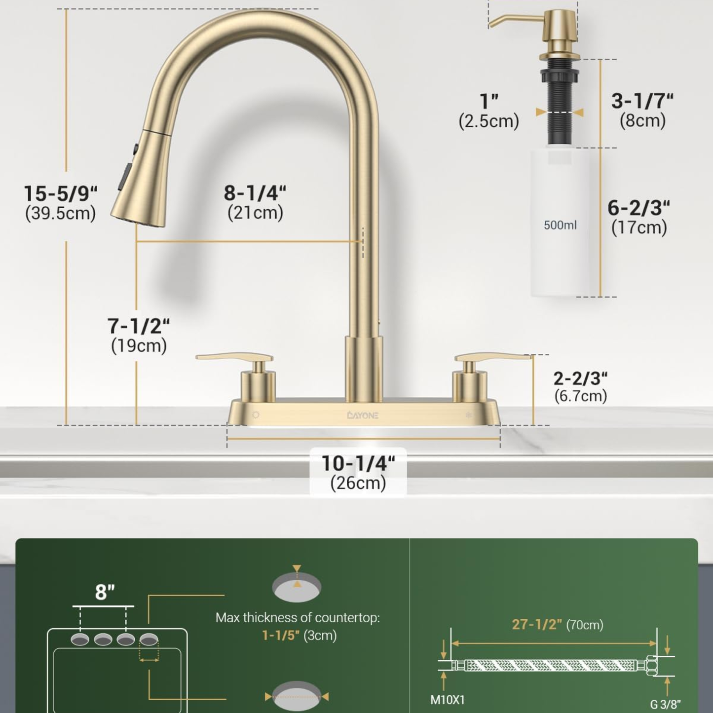 Brushed Gold Kitchen Faucet with Pull Down Sprayer and Soap Dispenser