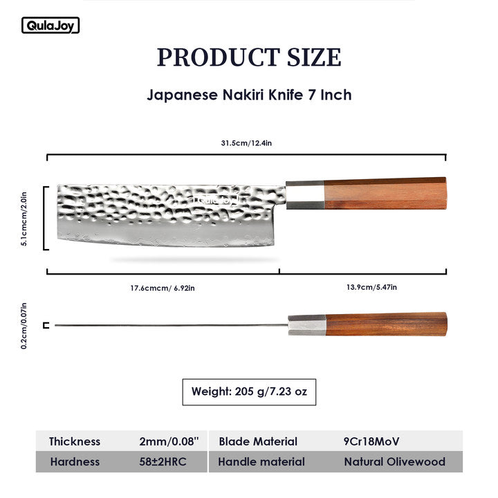 Japanese Nakiri Knife - 7-Inch Hammered Steel Blade with Olivewood Handle