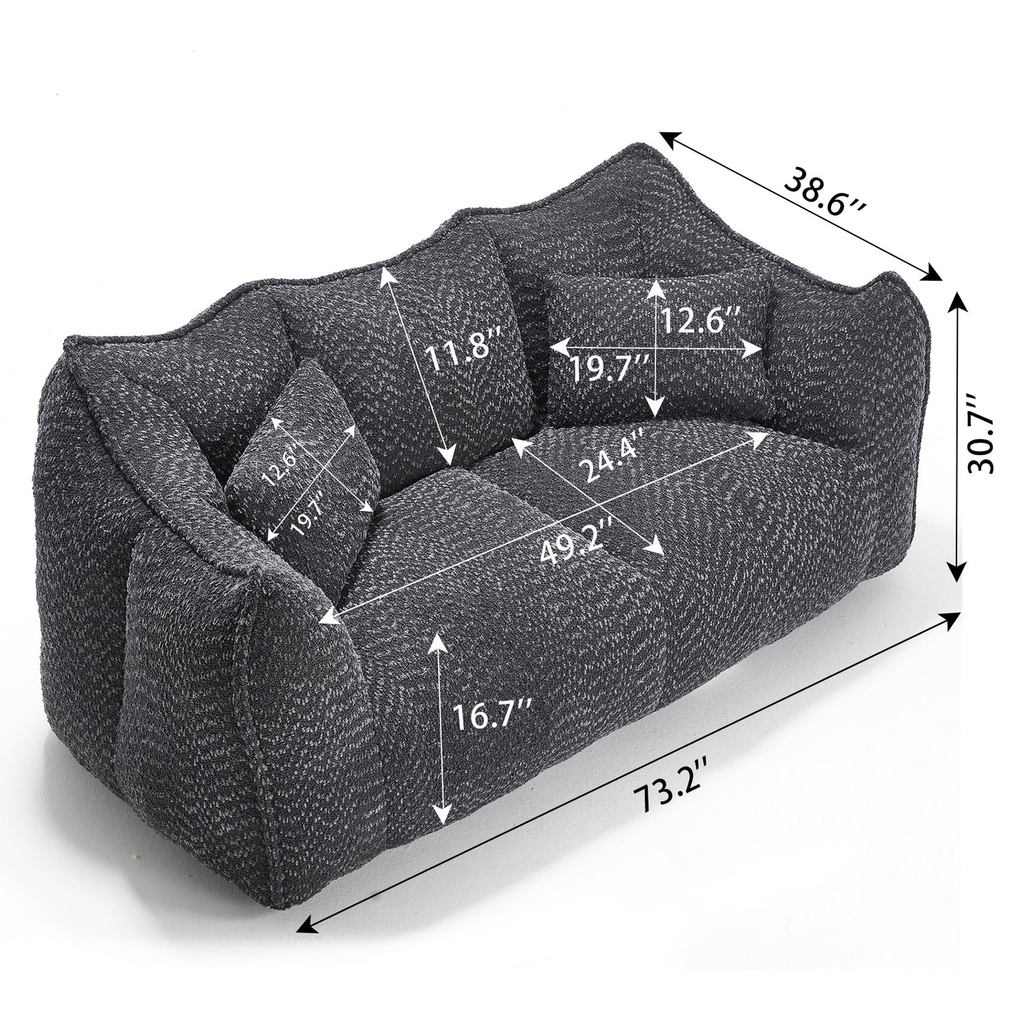 Comfortable Square Beanbag Chair for Two - Black Chenille