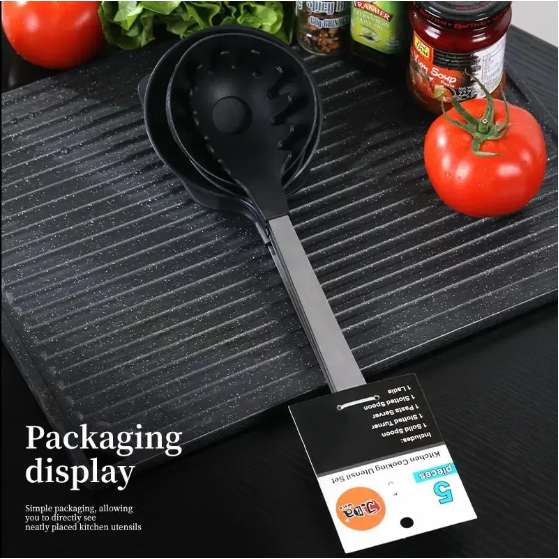 Premium 5-Piece Cooking Utensil Set - Stainless Steel & Nylon, Black