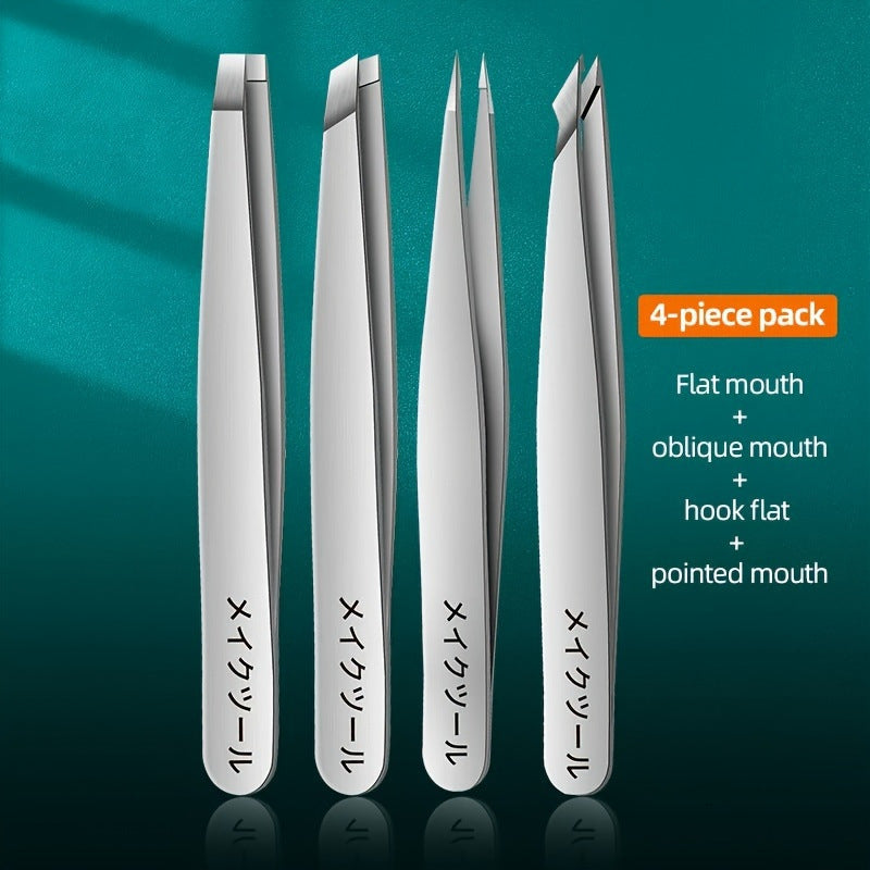 4-Piece Stainless Steel Eyebrow Tweezer Set with Portable Manicure Tools