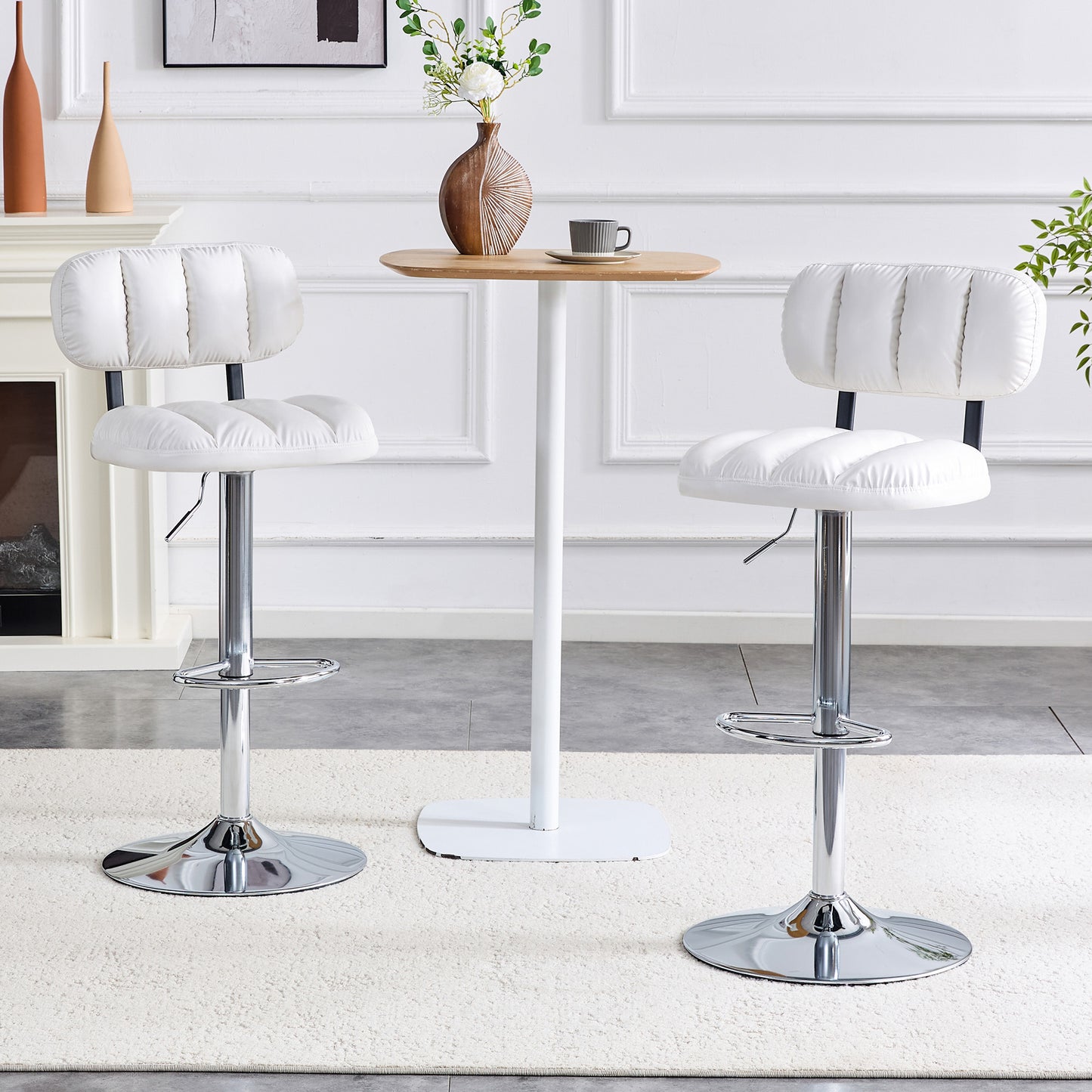 Set of 2 Adjustable Height Bar Stools - White PU Leather