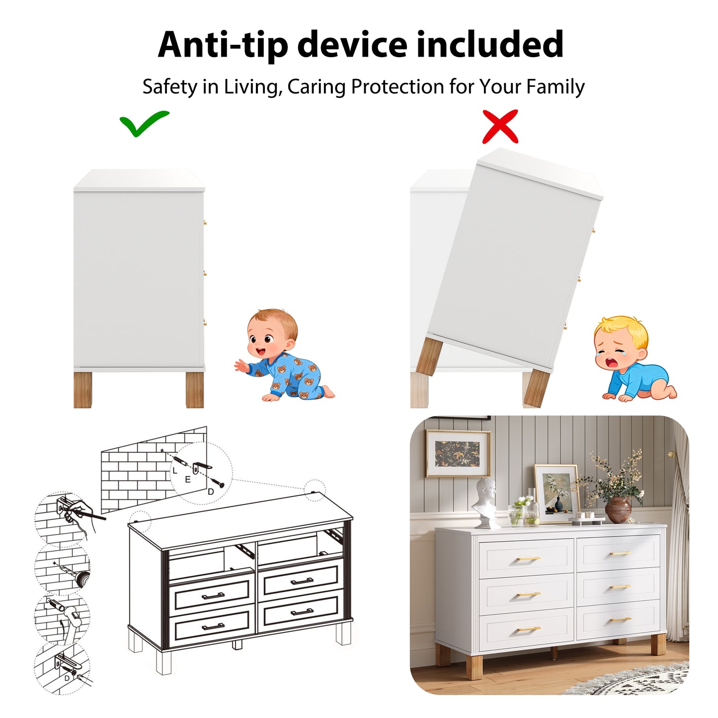 6-Drawer Double Dresser in White - Modern Kids Bedroom Storage
