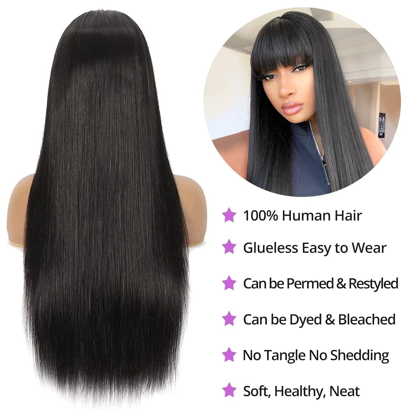 Straight Human Hair Wig with Bangs - 150% Density Natural Color