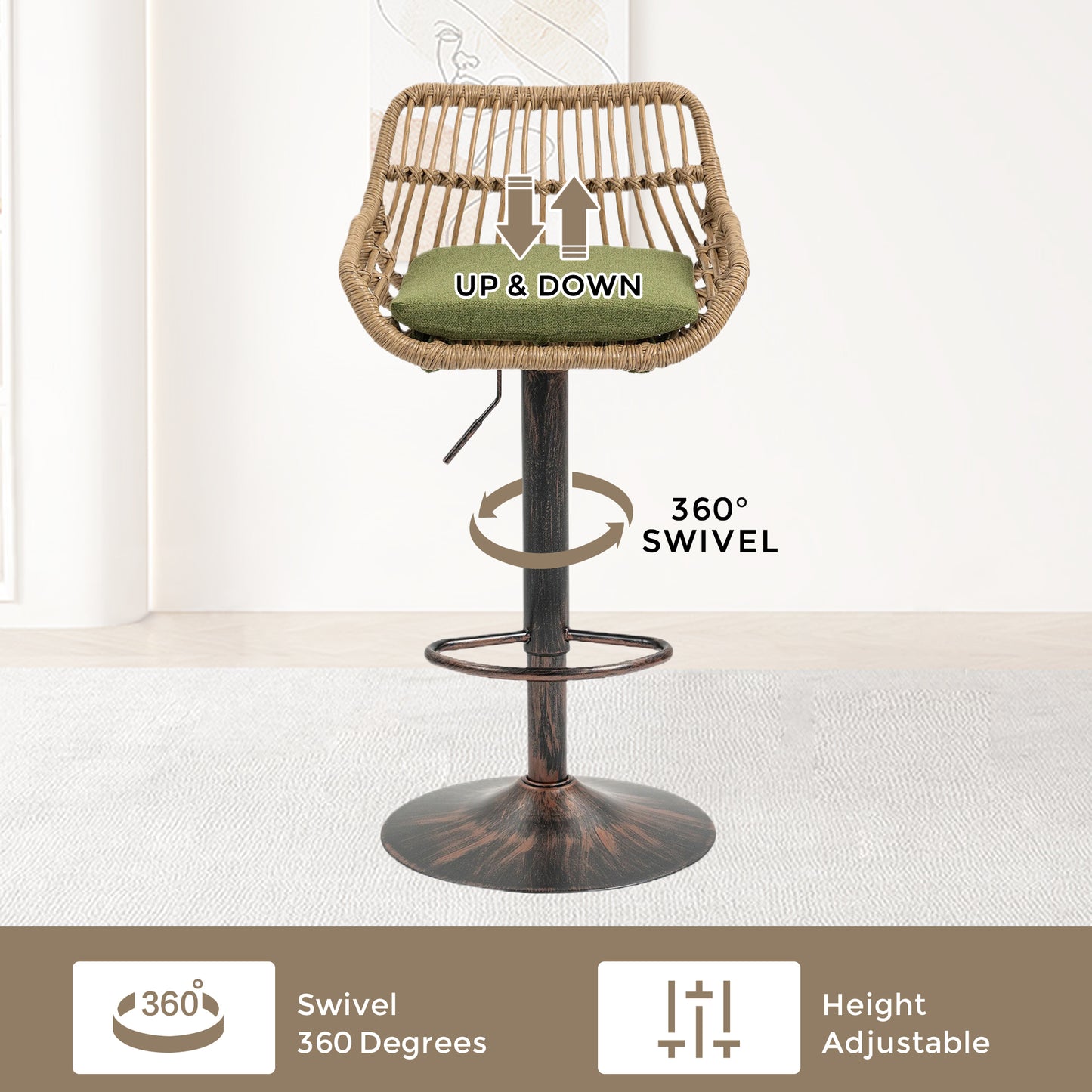 Adjustable Green Swivel Bar Stools Set of 2 with Footrest
