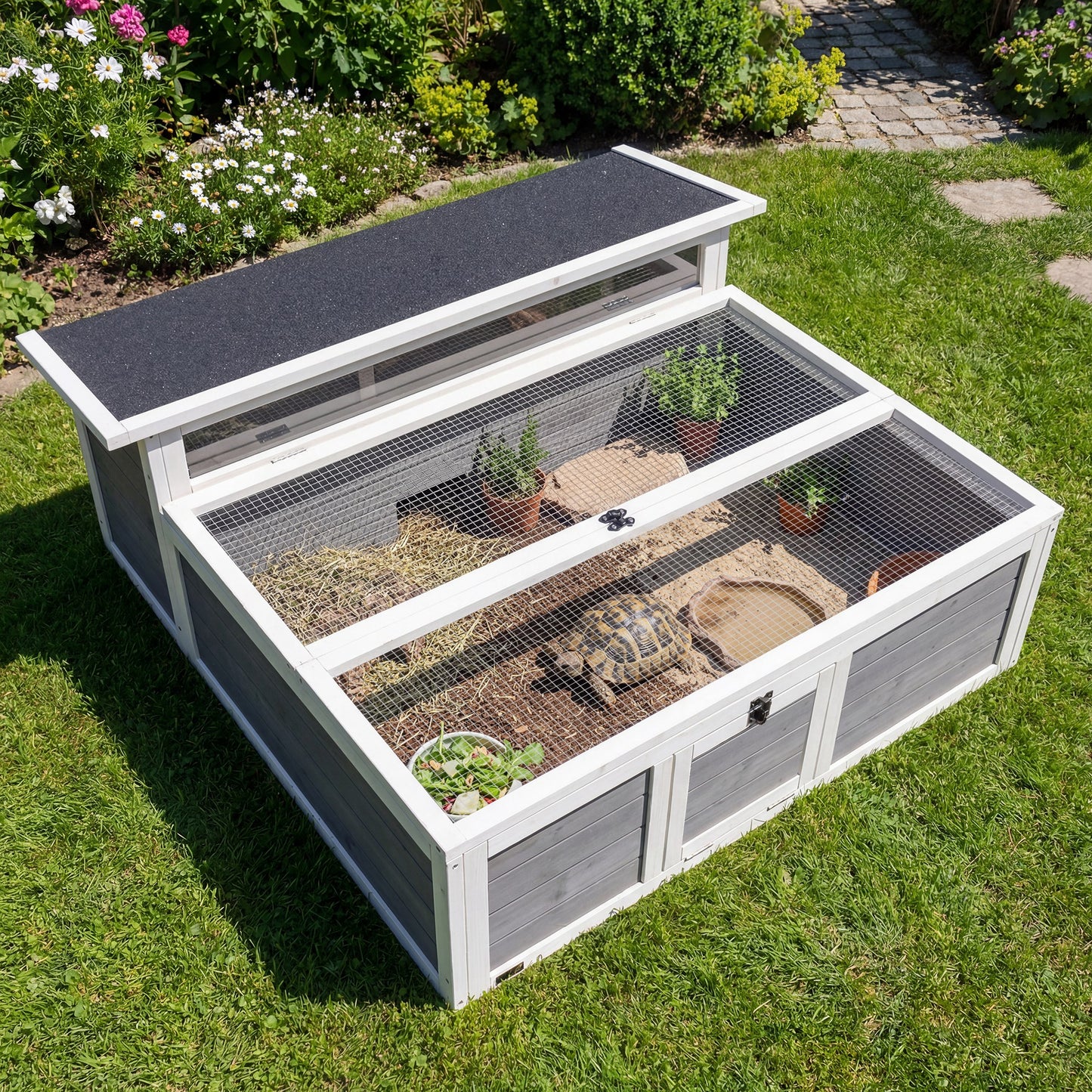 Wooden Tortoise Habitat Enclosure with Openable Top and Clear Window, Dark Gray