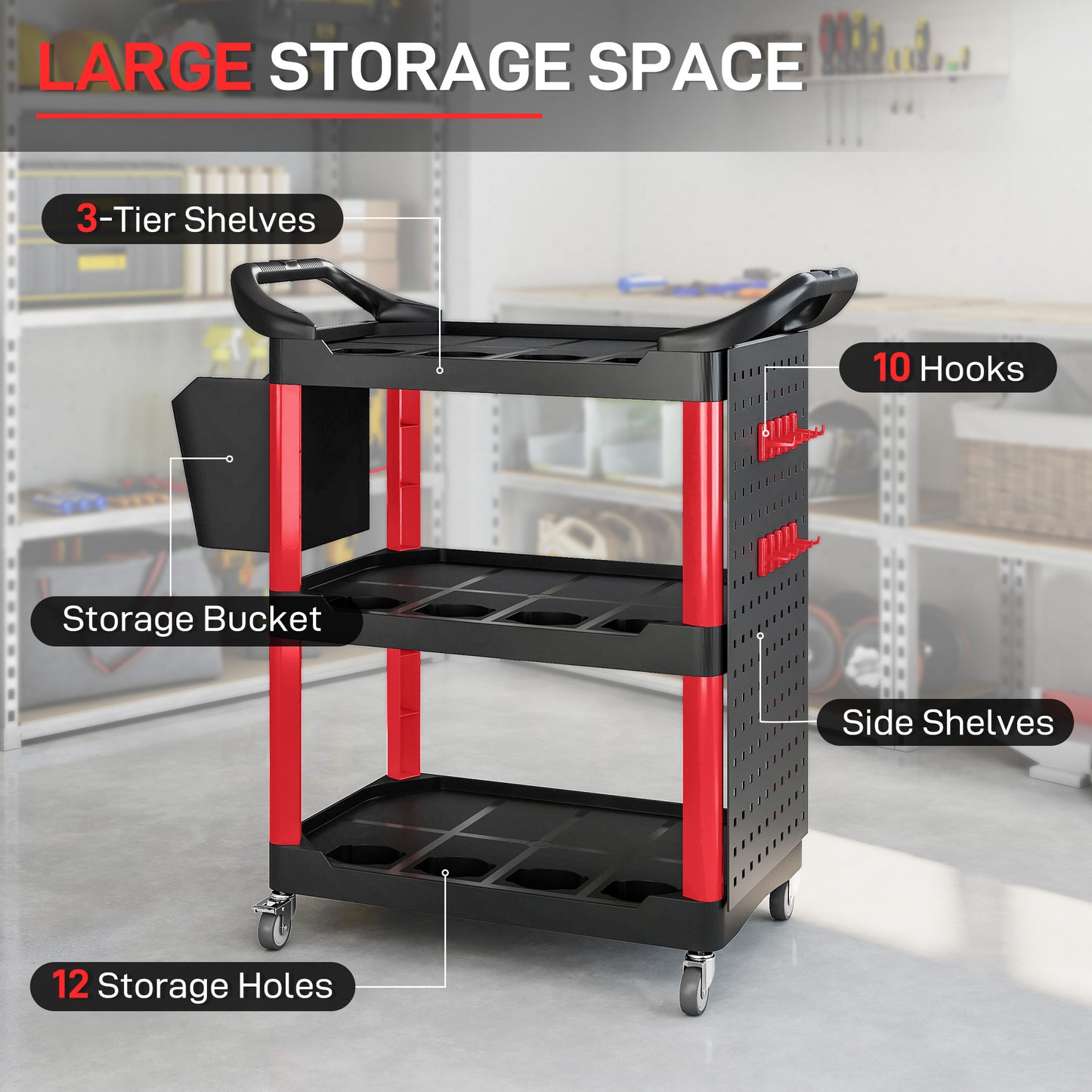 3-Tier Rolling Utility Cart with Side Shelf and Storage Bucket, 200 lbs Capacity, Black & Red