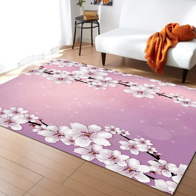 Pastel Cherry Blossom and Crescent Moon Non-Slip Flannel Floor Mat - Home Rug